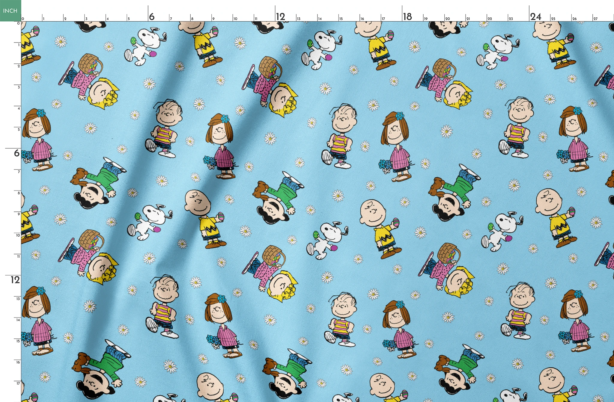 Peanuts cartoon characters scattered on light blue background with white daisies pattern springs fatquarter mockup