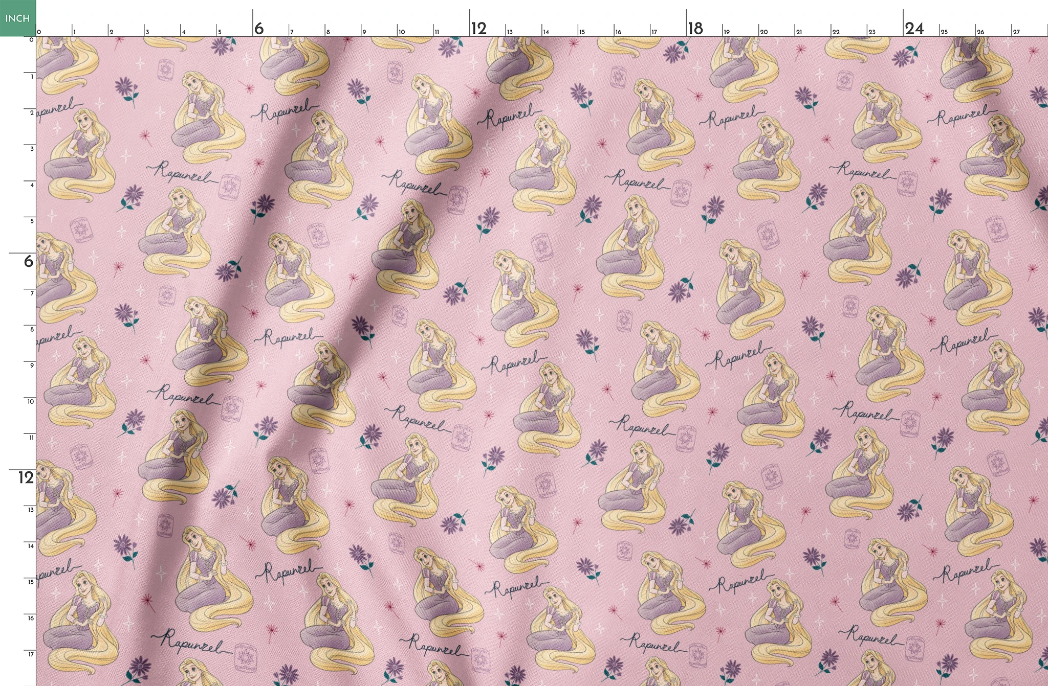 Repeating pattern of blonde character in purple dress with long flowing hair, flowers, and "Rapunzel" text on pink background springs fatquarter mockup