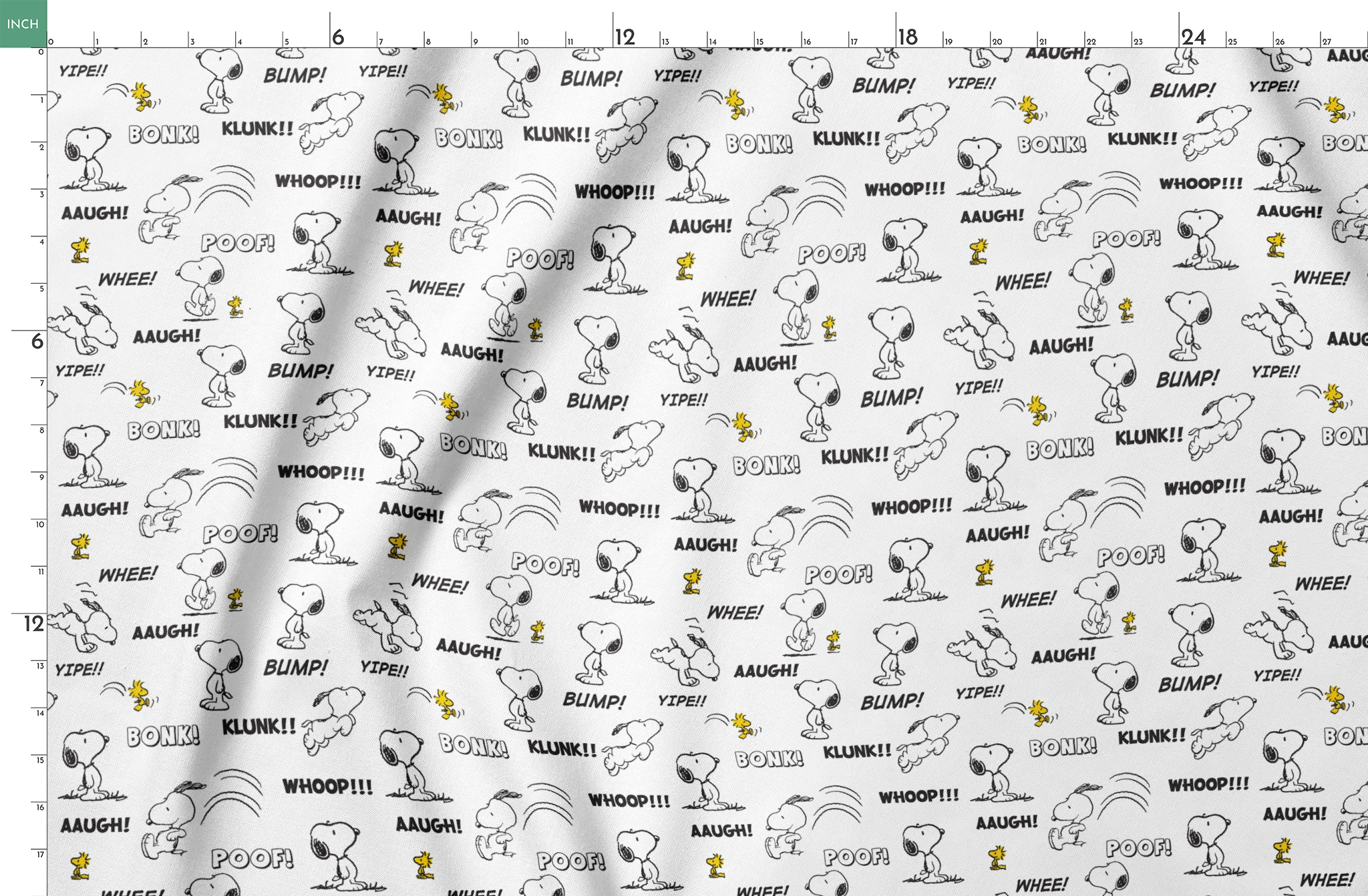 Comic-style pattern of Snoopy and Woodstock with sound effect words like "BONK!", "KLUNK!" and "BUMP!" in black and white. springs fatquarter mockup