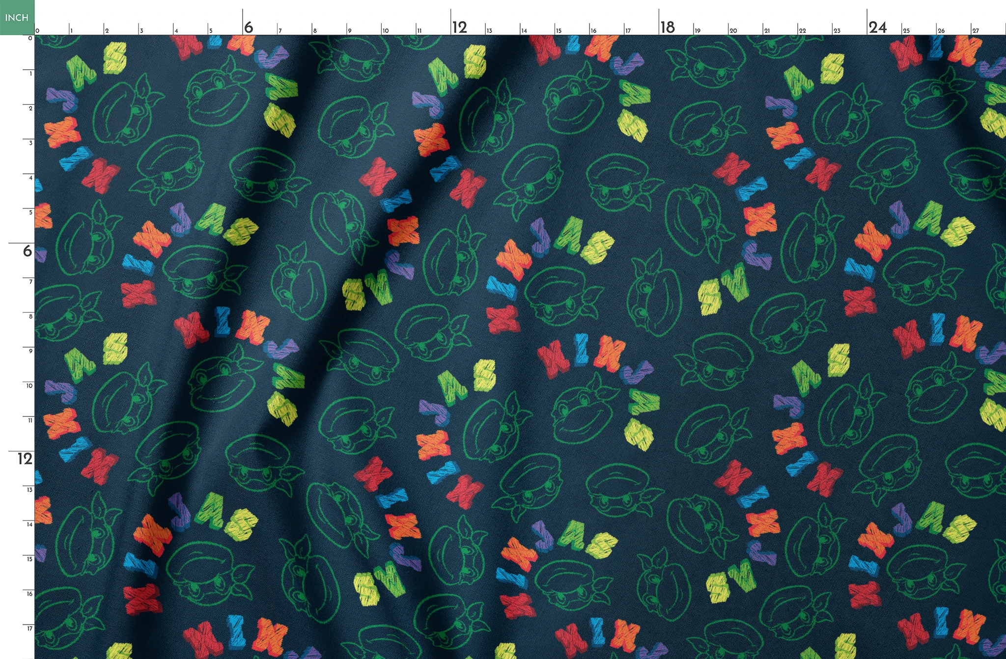 Colorful Ninja Turtles pattern with green outlines on dark blue background springs fatquarter mockup