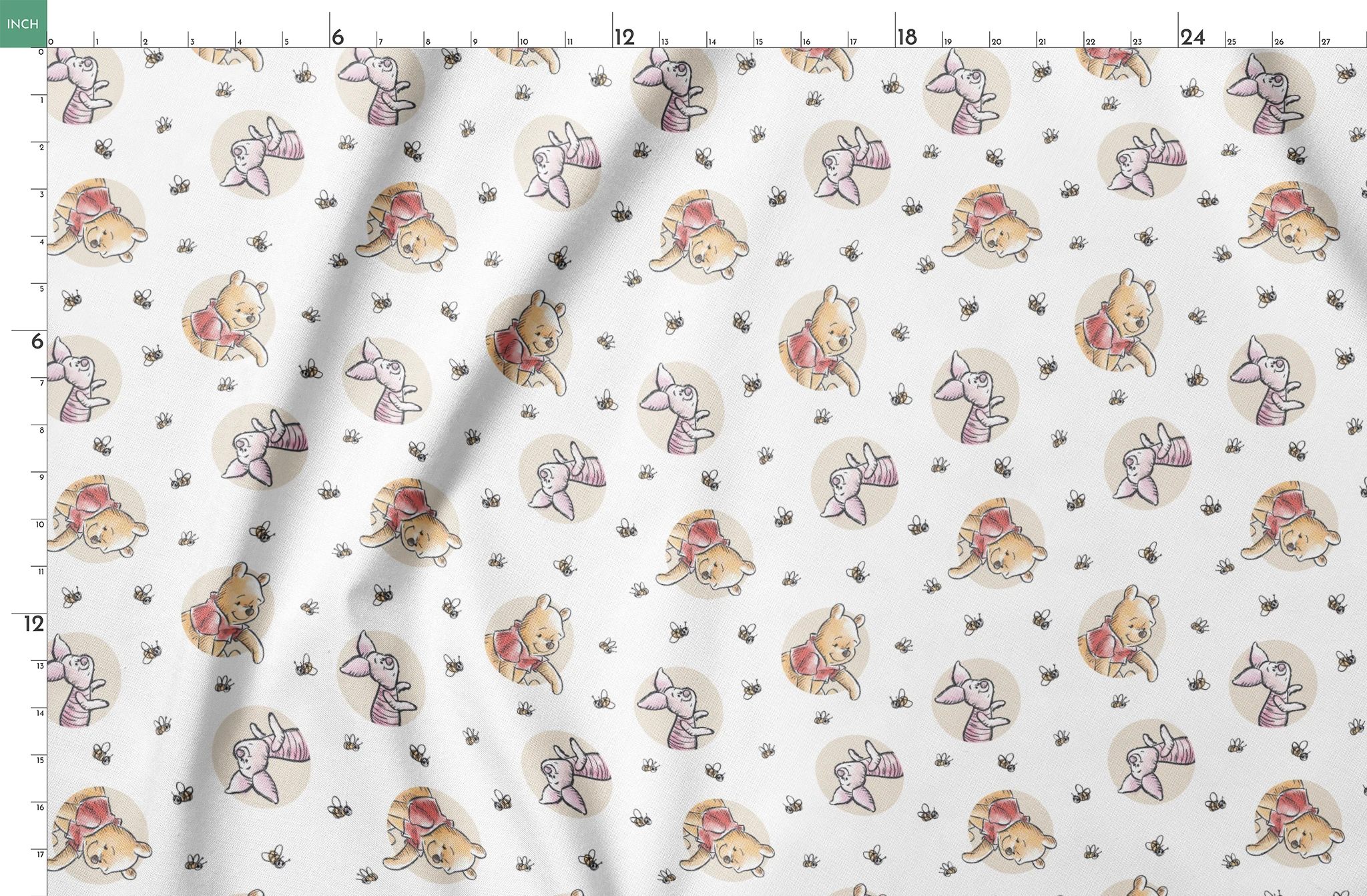 Cute cartoon Winnie the Pooh and Piglet pattern with circular vignettes and buzzing bees springs fatquarter mockup