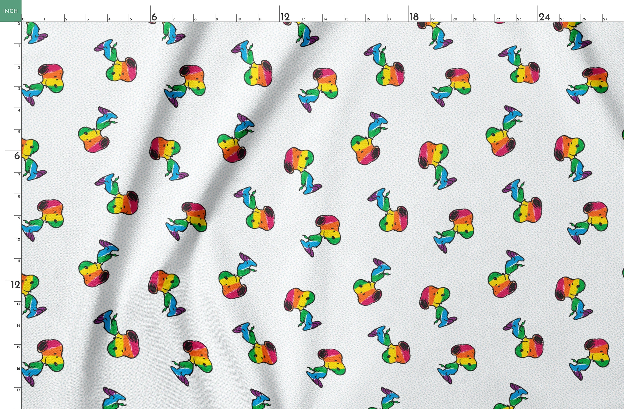 Colorful rainbow Snoopy in various poses on a dotted white background springs fatquarter mockup