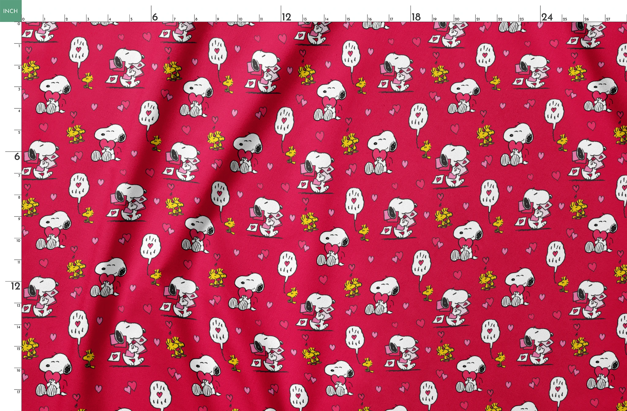 Snoopy and Woodstock pattern with hearts on bright red background, Valentine's theme springs fatquarter mockup