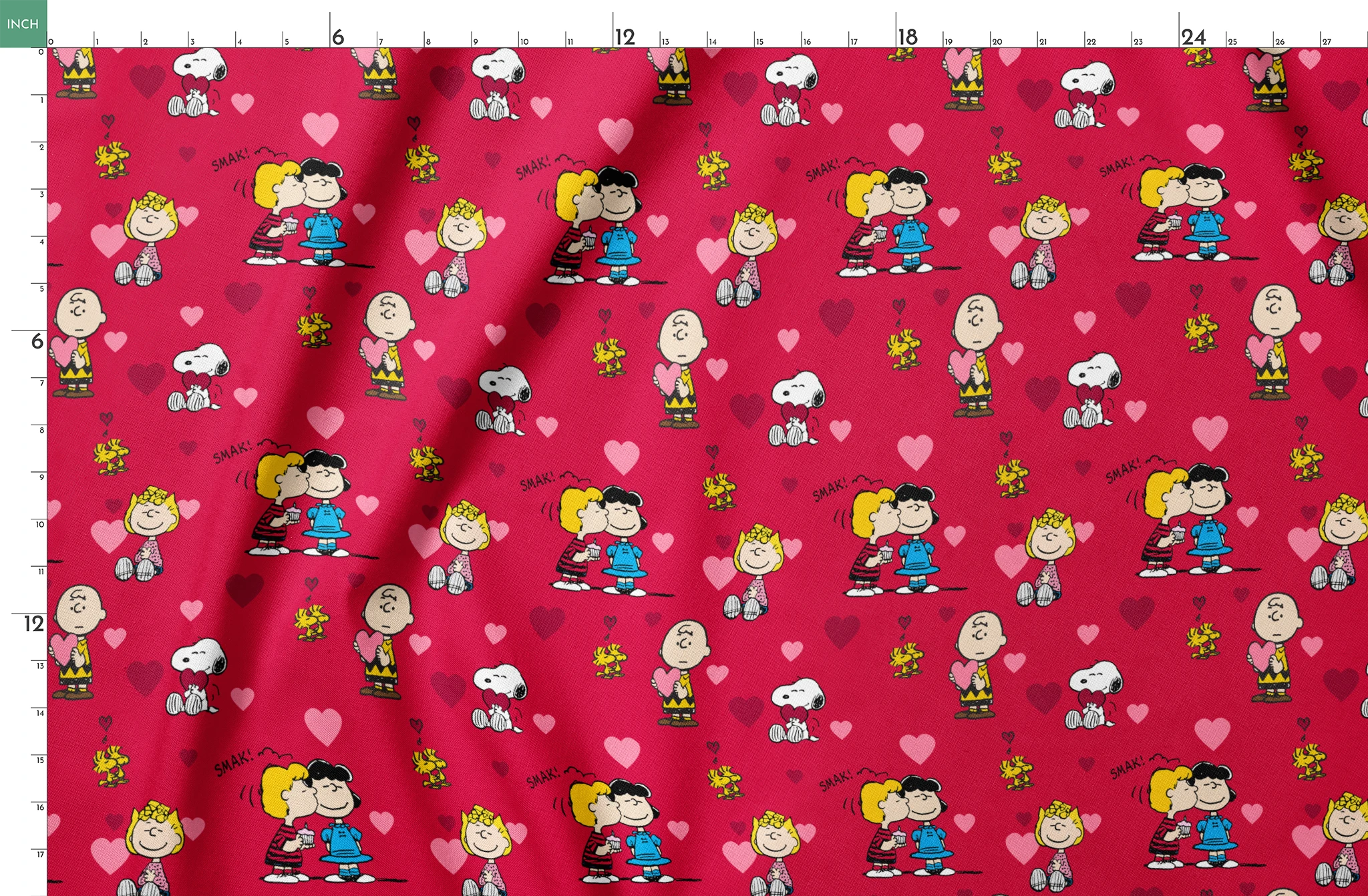 Peanuts characters on red background with hearts; Snoopy, Woodstock, and others in Valentine's theme springs fatquarter mockup