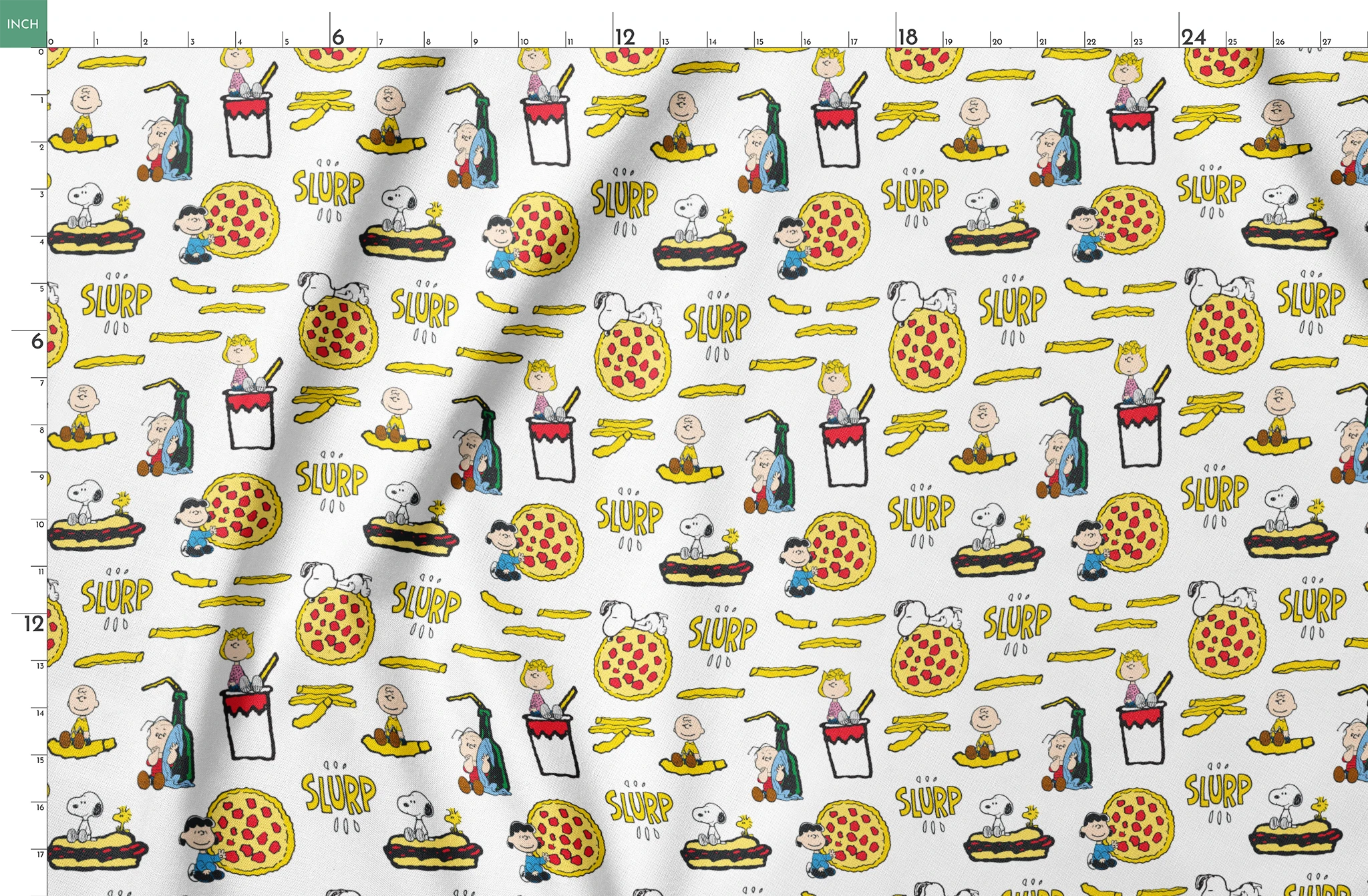 Peanuts cartoon characters with pizza, hot dogs, and "SLURP" text in a repeating pattern springs fatquarter mockup