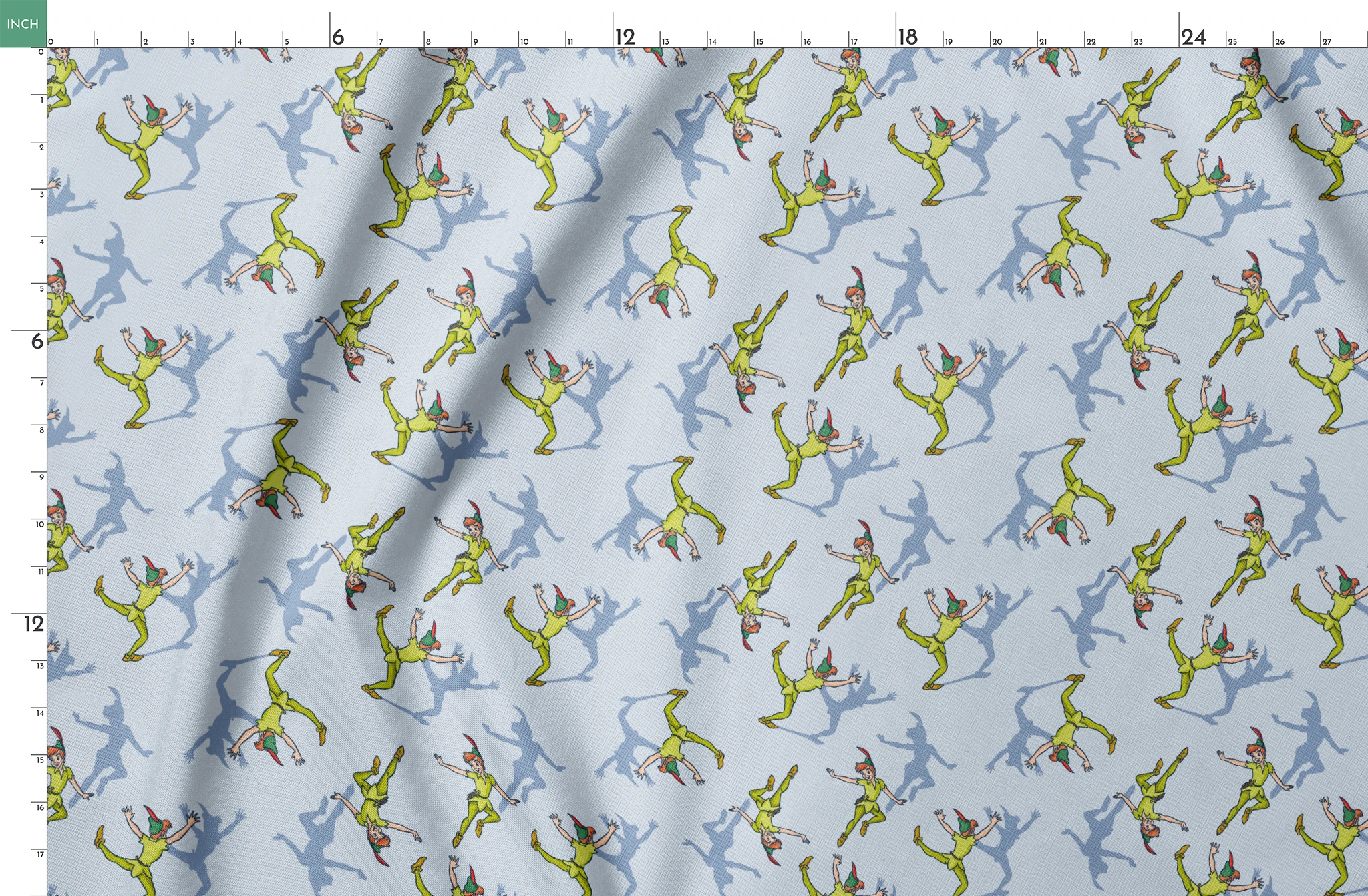 Colorful cartoon figures in bright green outfits with red accents dancing against a light blue background with shadows springs fatquarter mockup