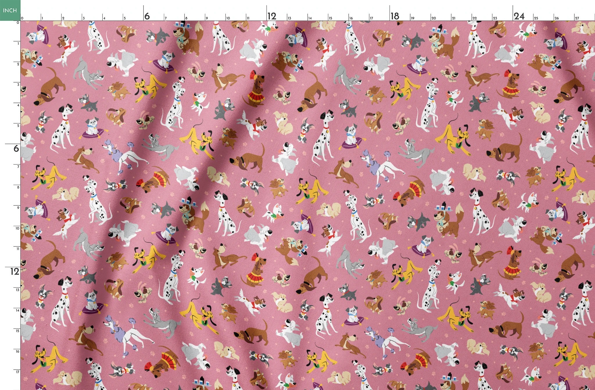 Colorful dog pattern with various cartoon breeds on pink background including dalmatians, terriers, and dachshunds springs fatquarter mockup