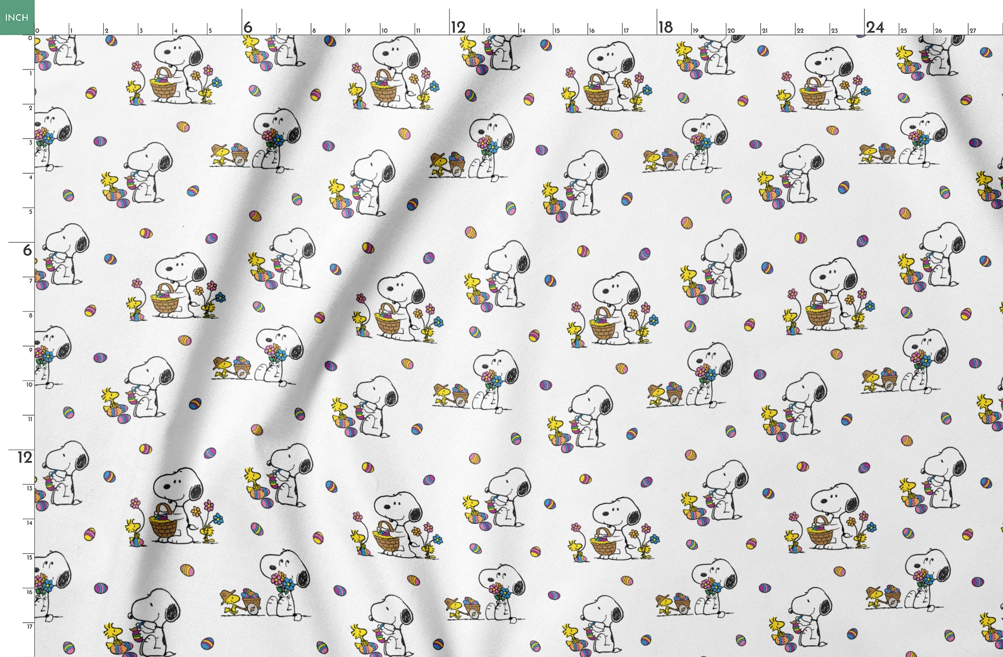 Cartoon pattern with Snoopy and Woodstock celebrating Easter with colorful eggs and baskets on white background springs fatquarter mockup