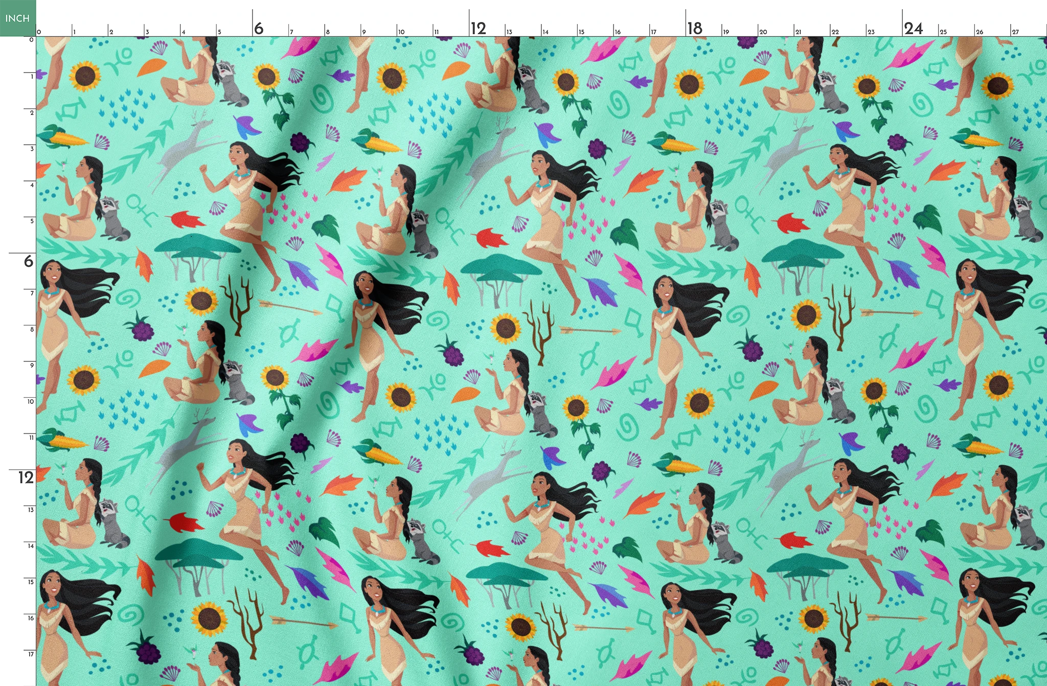 Colorful pattern with figures in nature motifs featuring sunflowers, leaves, and flowing design elements on turquoise background springs fatquarter mockup