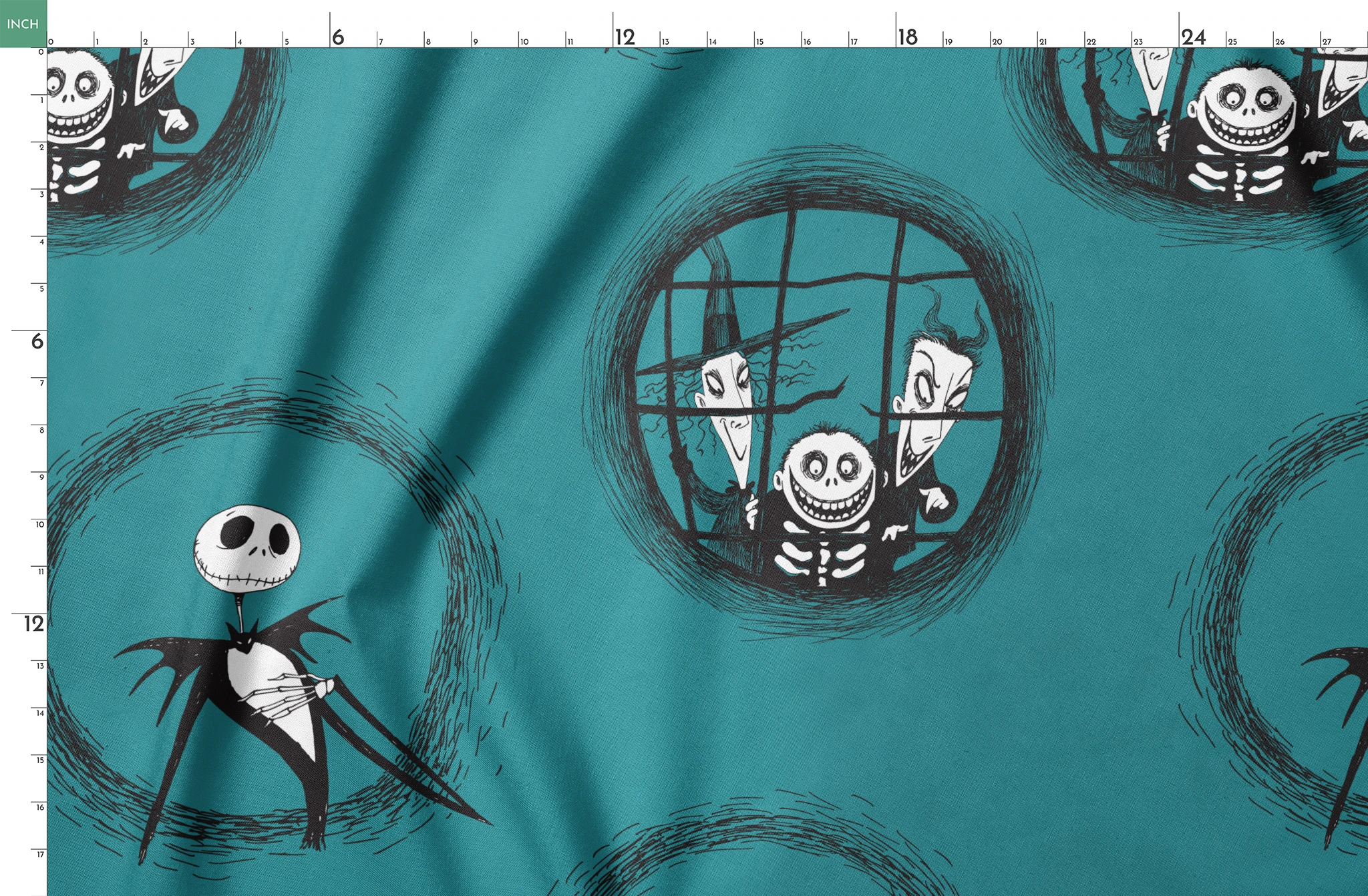 Teal patterned design with The Nightmare Before Christmas characters in circular frames, featuring round-headed characters in formal attire. springs fatquarter mockup
