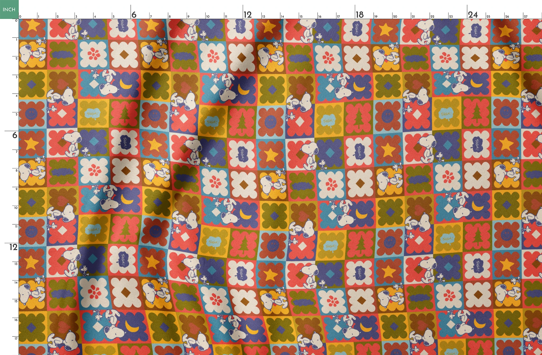 Colorful patchwork pattern featuring Snoopy characters in various squares with flowers, geometric shapes, and decorative elements springs fatquarter mockup