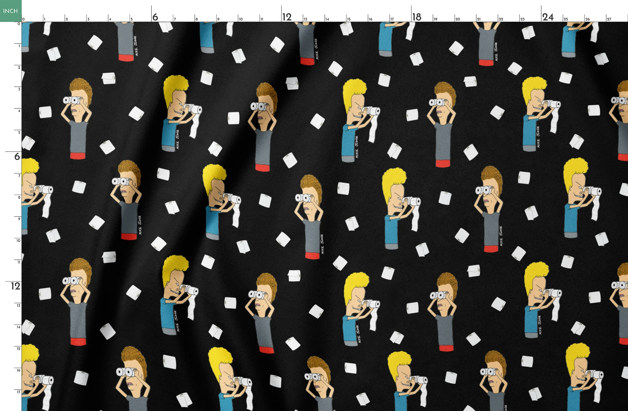Cartoon characters with exaggerated features on black background with white squares scattered throughout the pattern springs fatquarter mockup