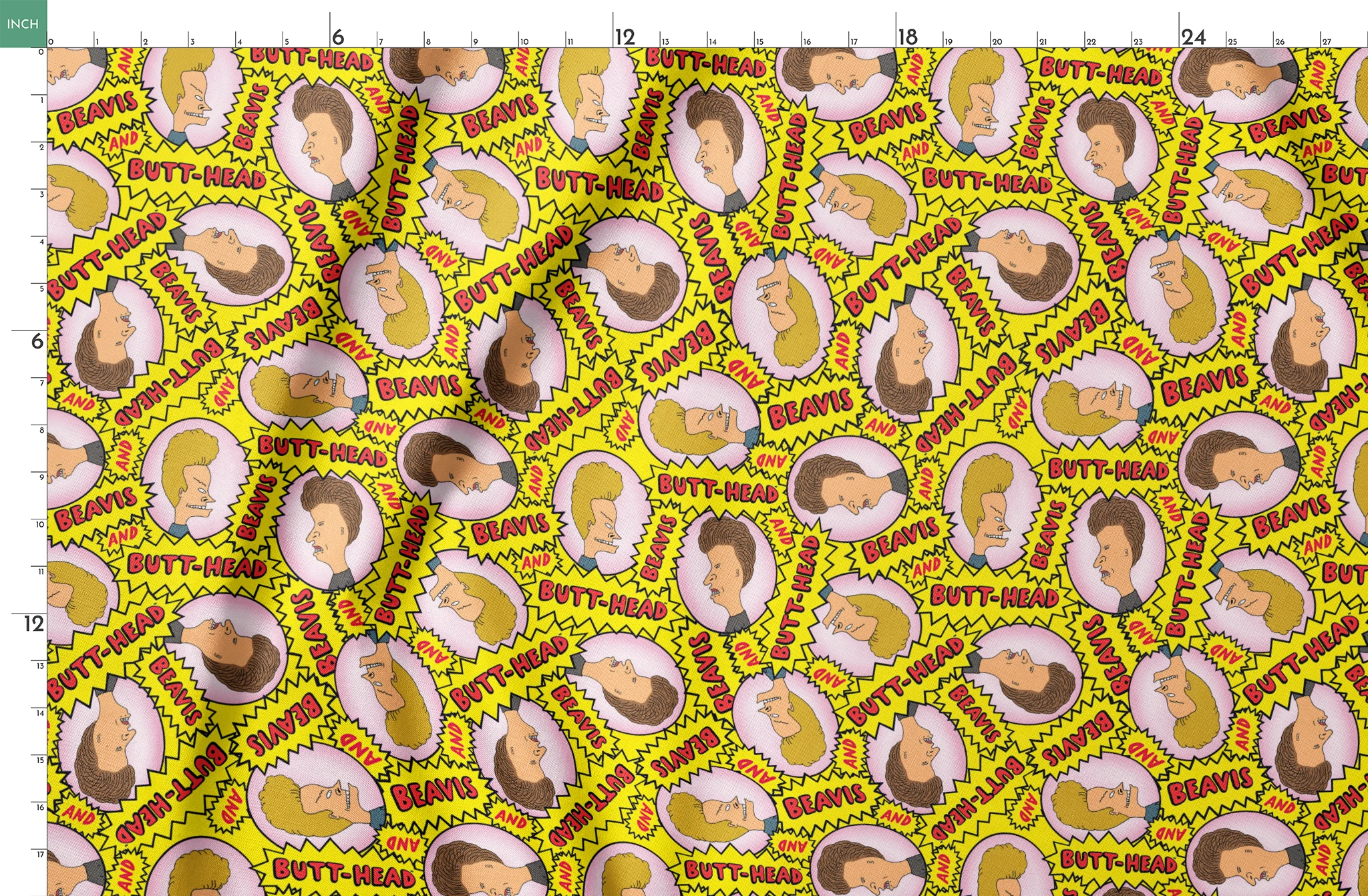 Yellow pattern with cartoon characters and text "BEAVIS" and "BUTT-HEAD" in comic-style speech bubbles repeated throughout springs fatquarter mockup