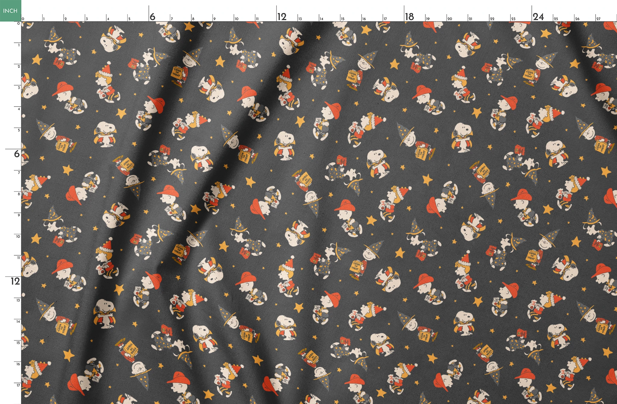 Snoopy cartoon pattern on dark gray background with characters in Halloween costumes and golden stars springs fatquarter mockup