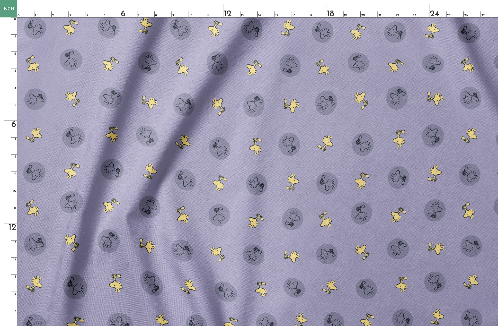 Woodstock alternating with gray circular silhouettes on purple background springs fatquarter mockup