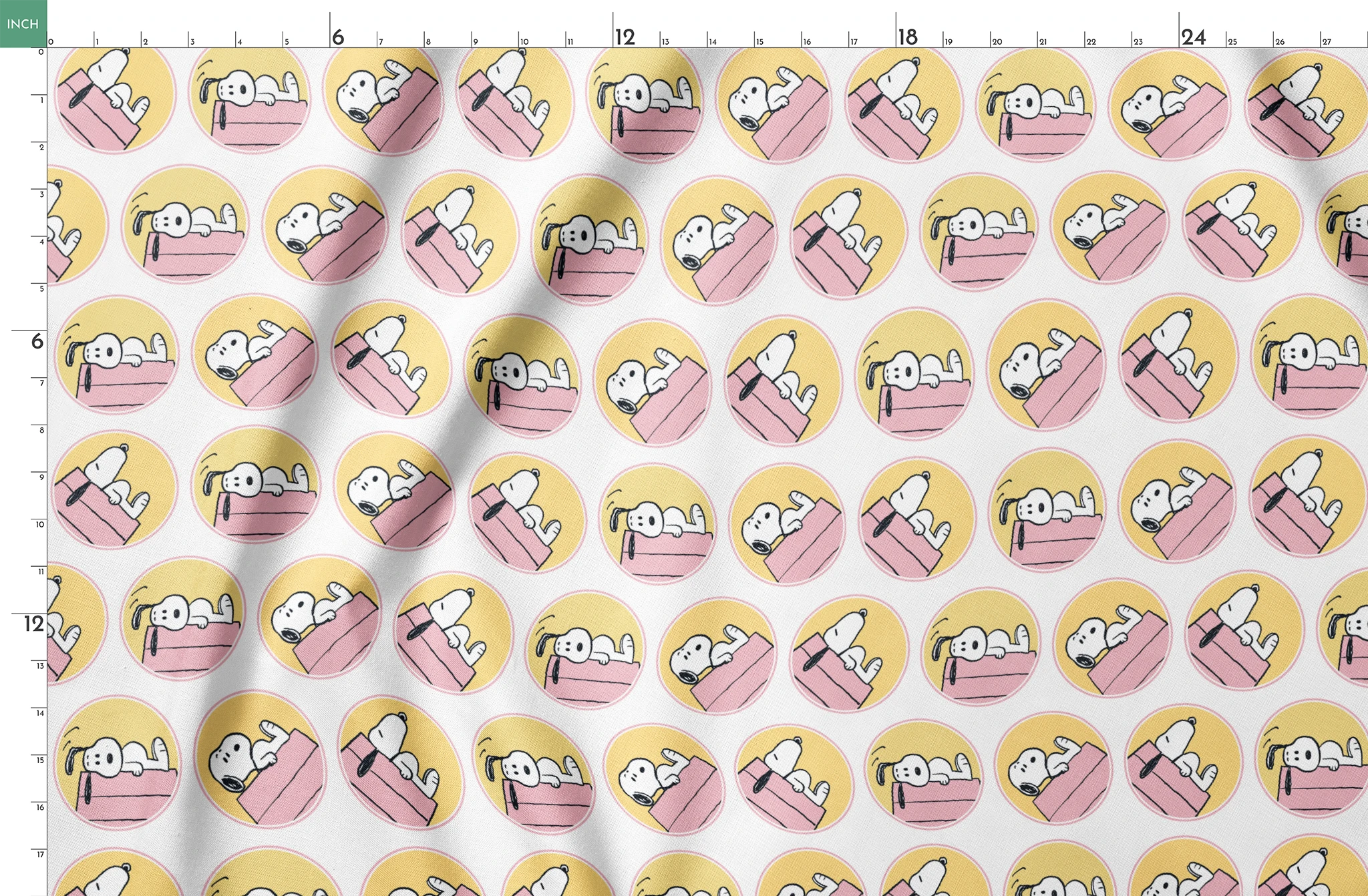 Snoopy lounging on pink doghouse roof in various poses, arranged in circular yellow frames springs fatquarter mockup