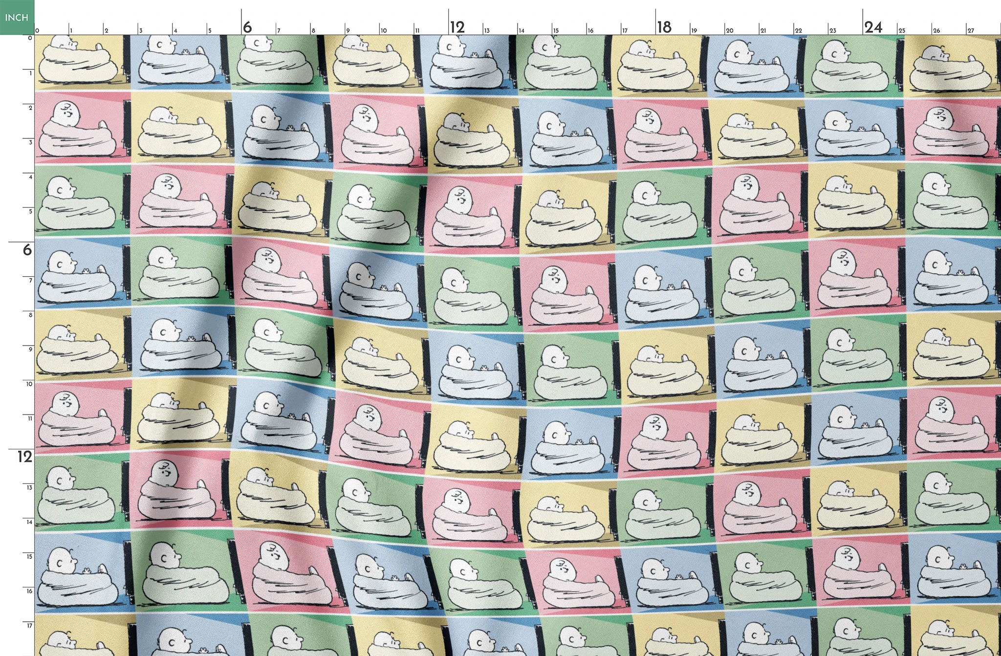 Charlie Brown resting on a white bed/nest in a grid of 12 colorful panels with pastel backgrounds. springs fatquarter mockup
