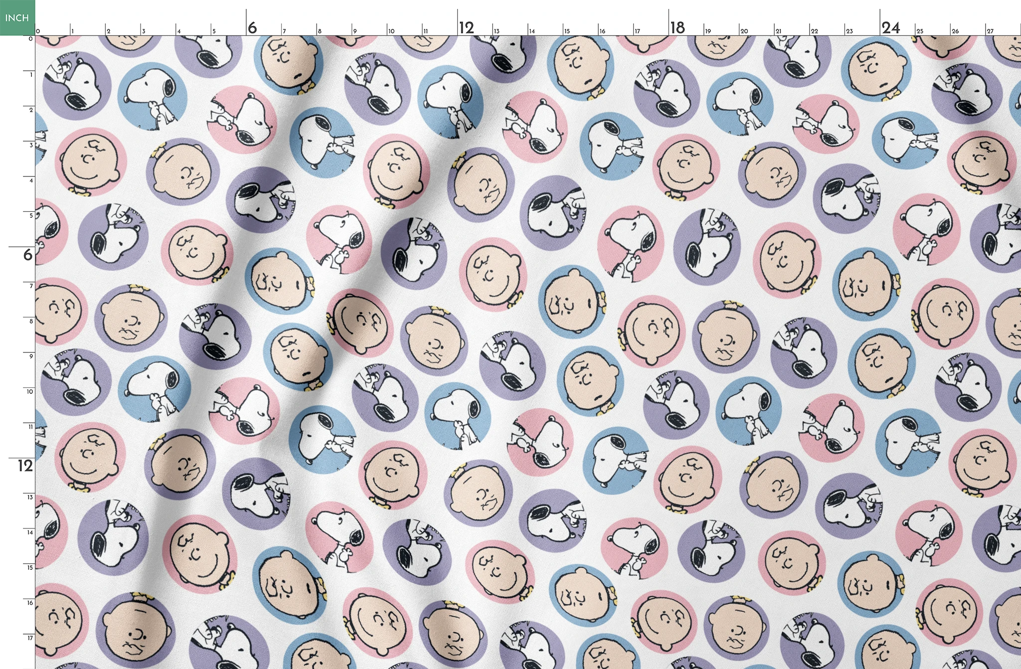 Peanuts cartoon pattern with Charlie Brown and Snoopy circular portraits in pink, blue and purple springs fatquarter mockup