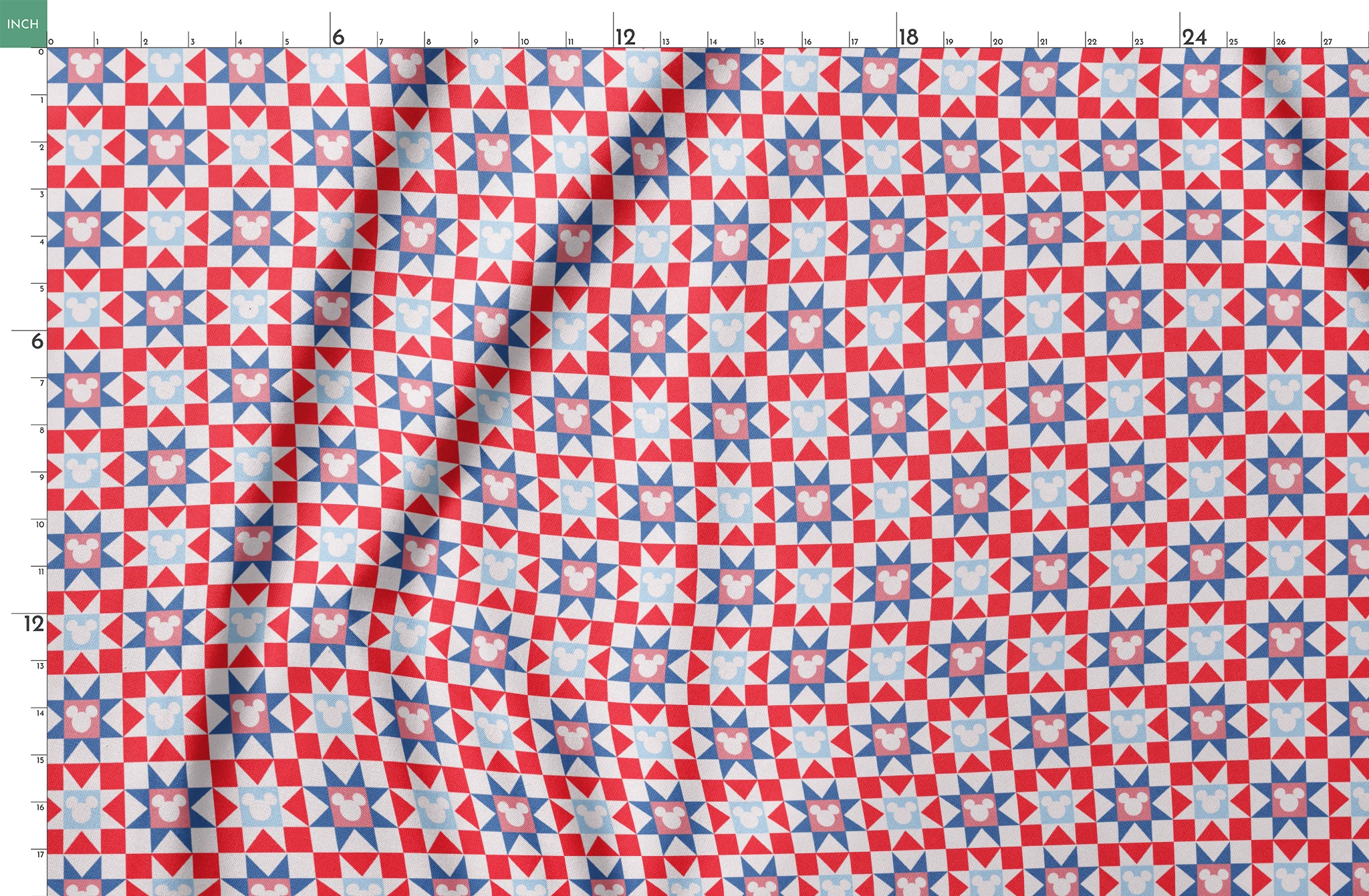 Un patrón de colcha con estrellas en rojo, blanco y azul, con siluetas de Mickey Mouse en el centro de cada estrella. springs fatquarter mockup