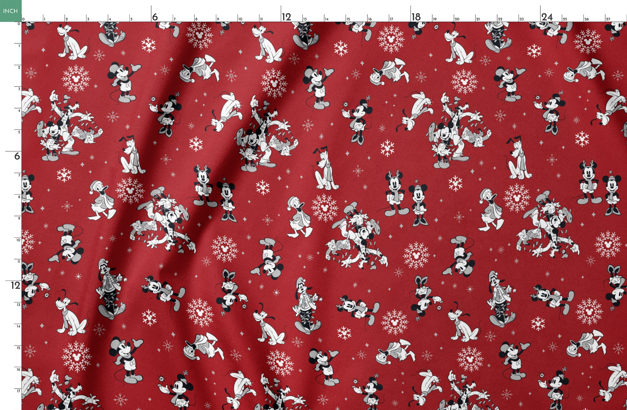 Christmas pattern with Disney characters and snowflakes on red background springs fatquarter mockup