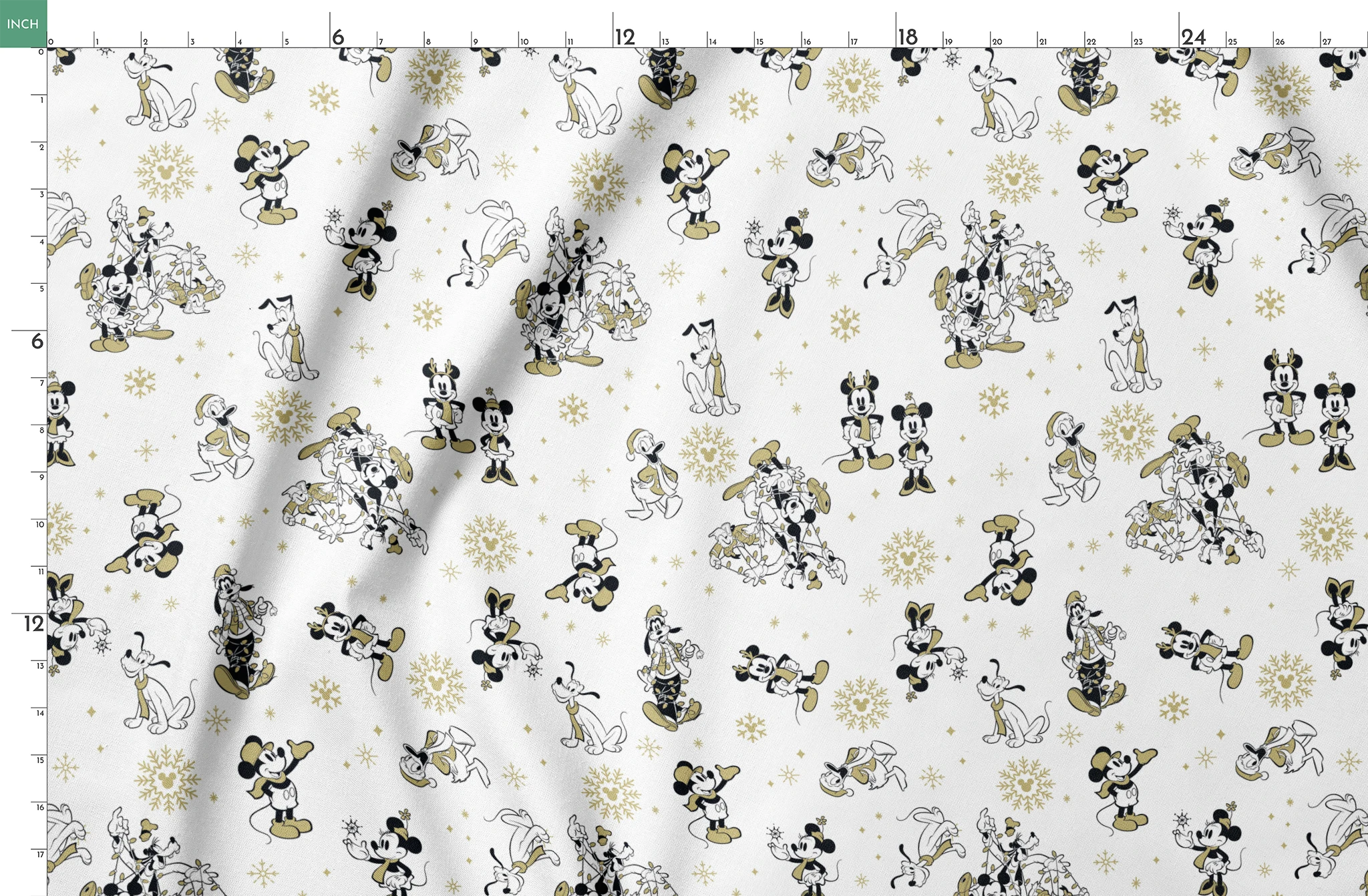 Vintage Disney characters pattern with Mickey, Minnie and Pluto on white background with gold snowflakes springs fatquarter mockup