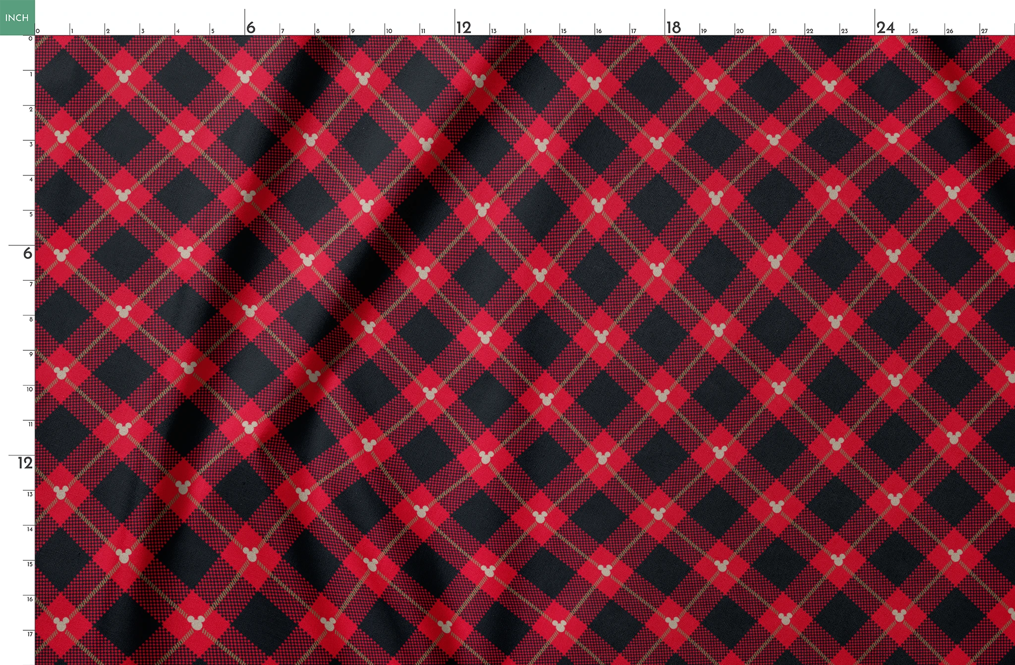 Red and black plaid pattern with diagonal gold stripes and small Mickey Mouse silhouettes springs fatquarter mockup