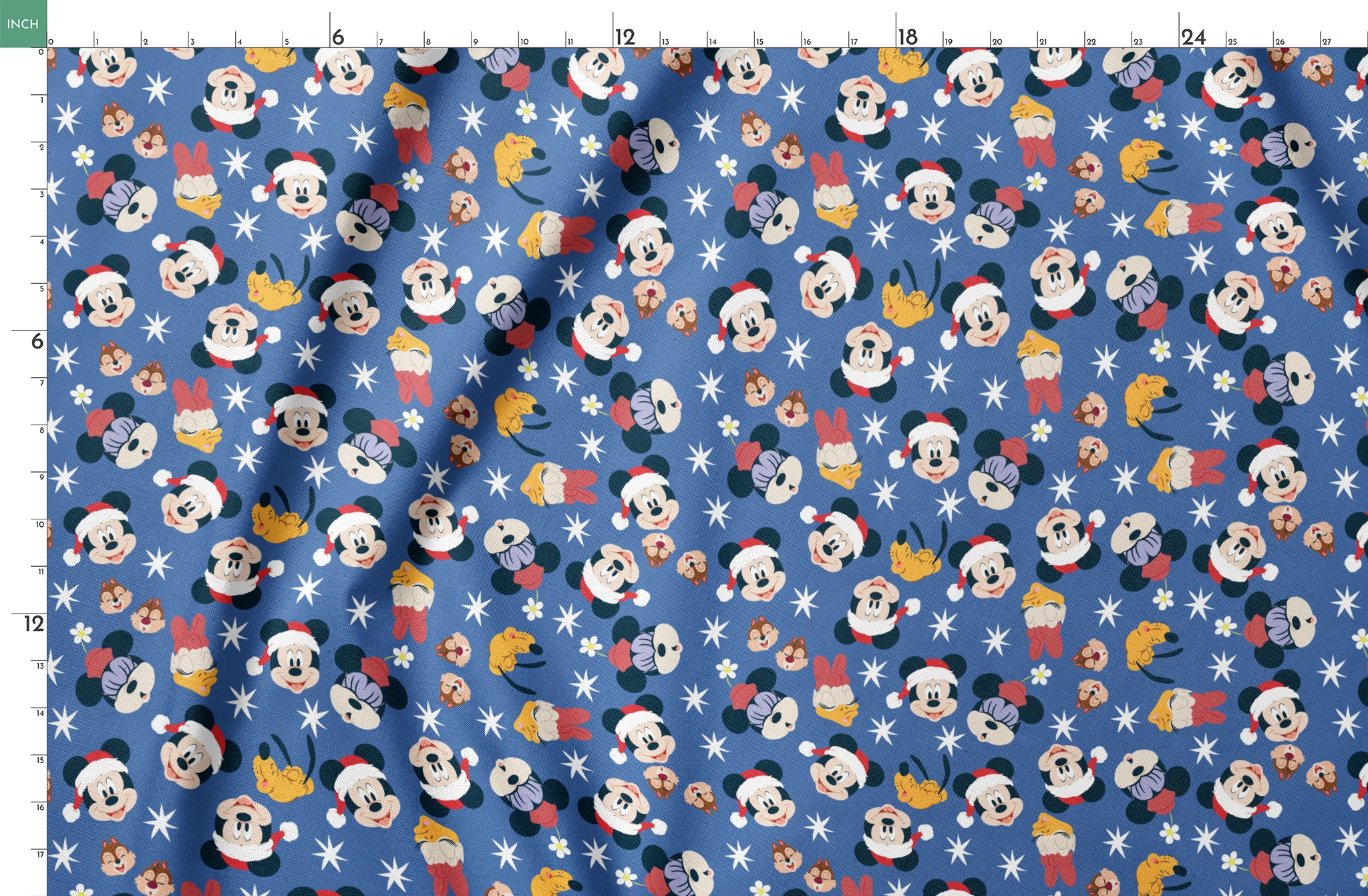 Mickey Mouse Christmas pattern with Santa hats, cupcakes and snowflakes on blue background springs fatquarter mockup