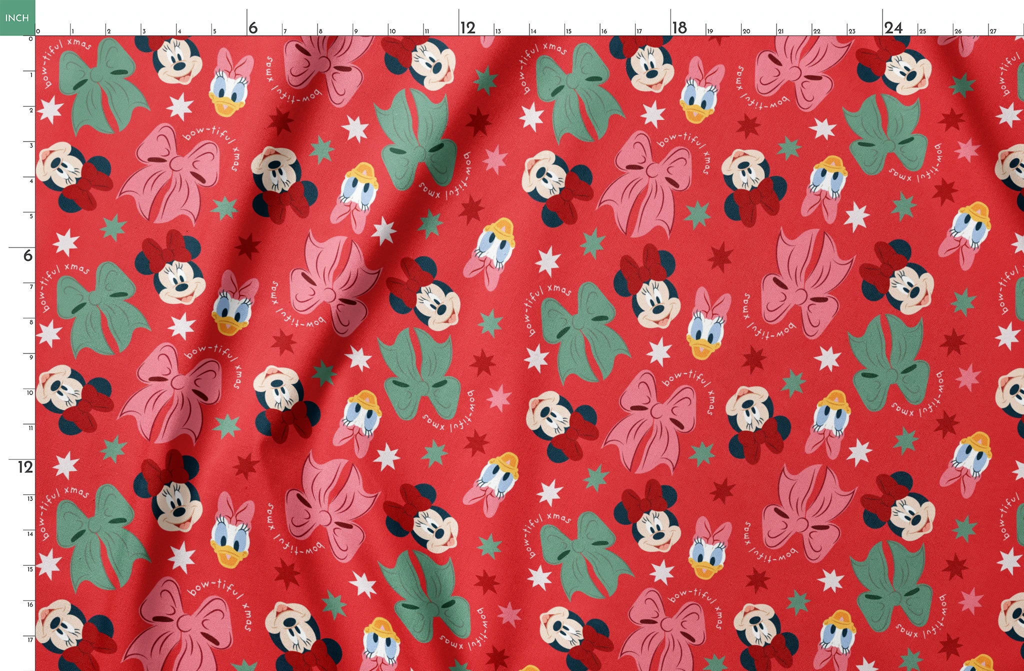 Disney character pattern with Minnie Mouse, Mickey Mouse and Donald Duck on red background with bows and stars springs fatquarter mockup