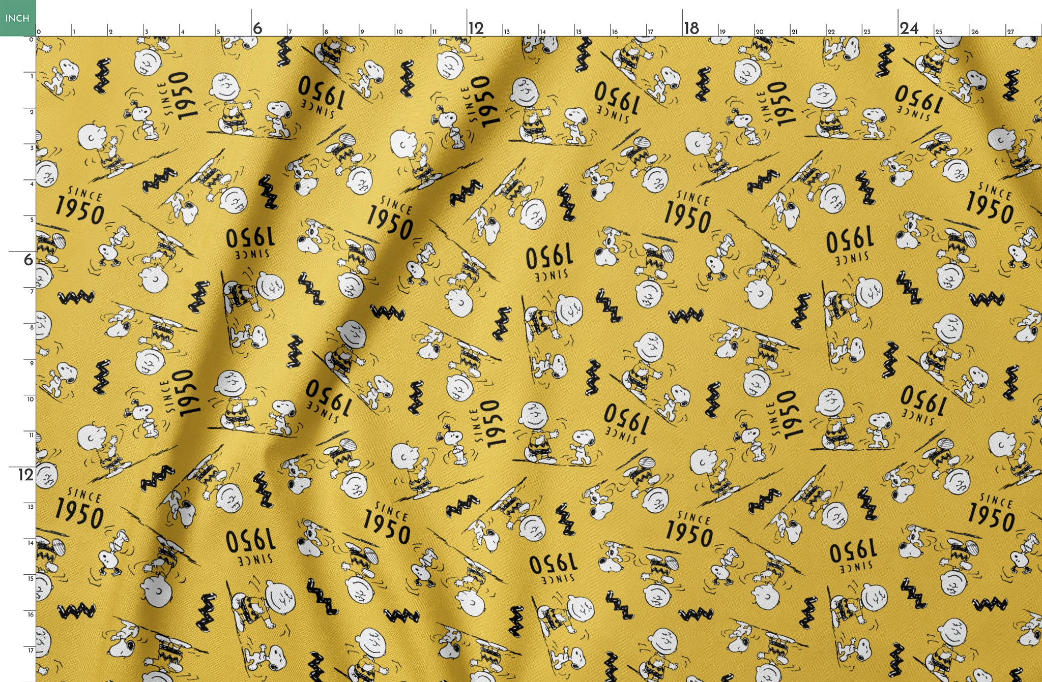 Peanuts cartoon pattern on yellow background with Snoopy and Charlie Brown, "Since 1950" text springs fatquarter mockup