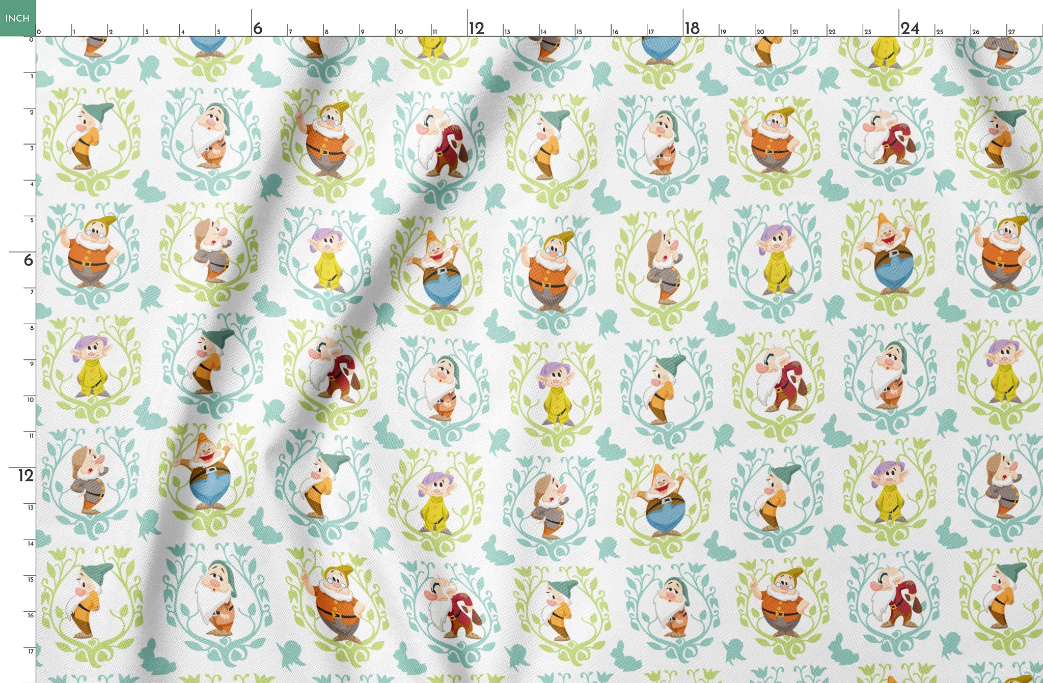 Cartoon pattern of Snow White's seven dwarfs in decorative floral frames on light background springs fatquarter mockup