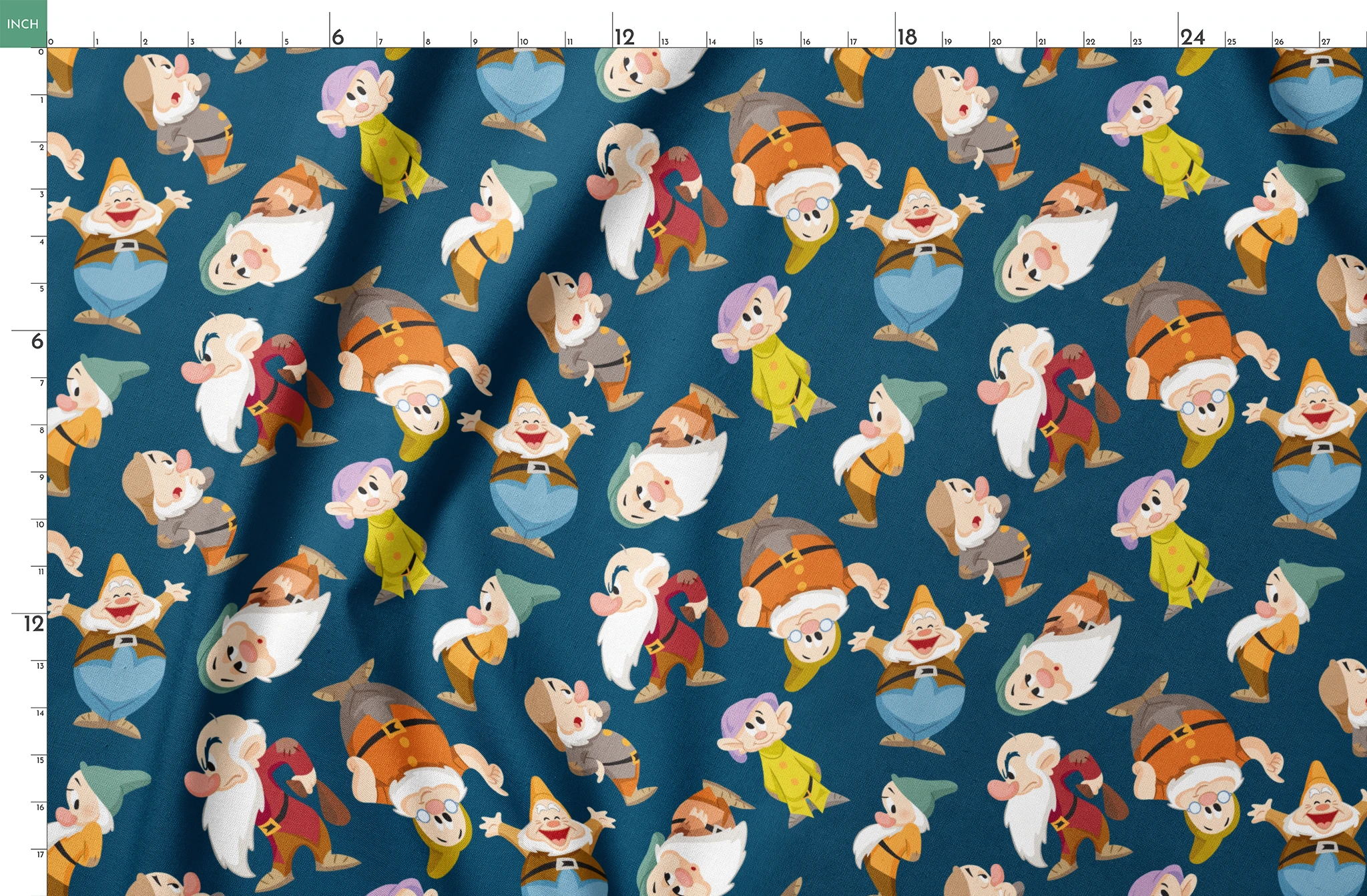 Colorful pattern of cartoon dwarfs in various outfits and poses on a deep blue background springs fatquarter mockup