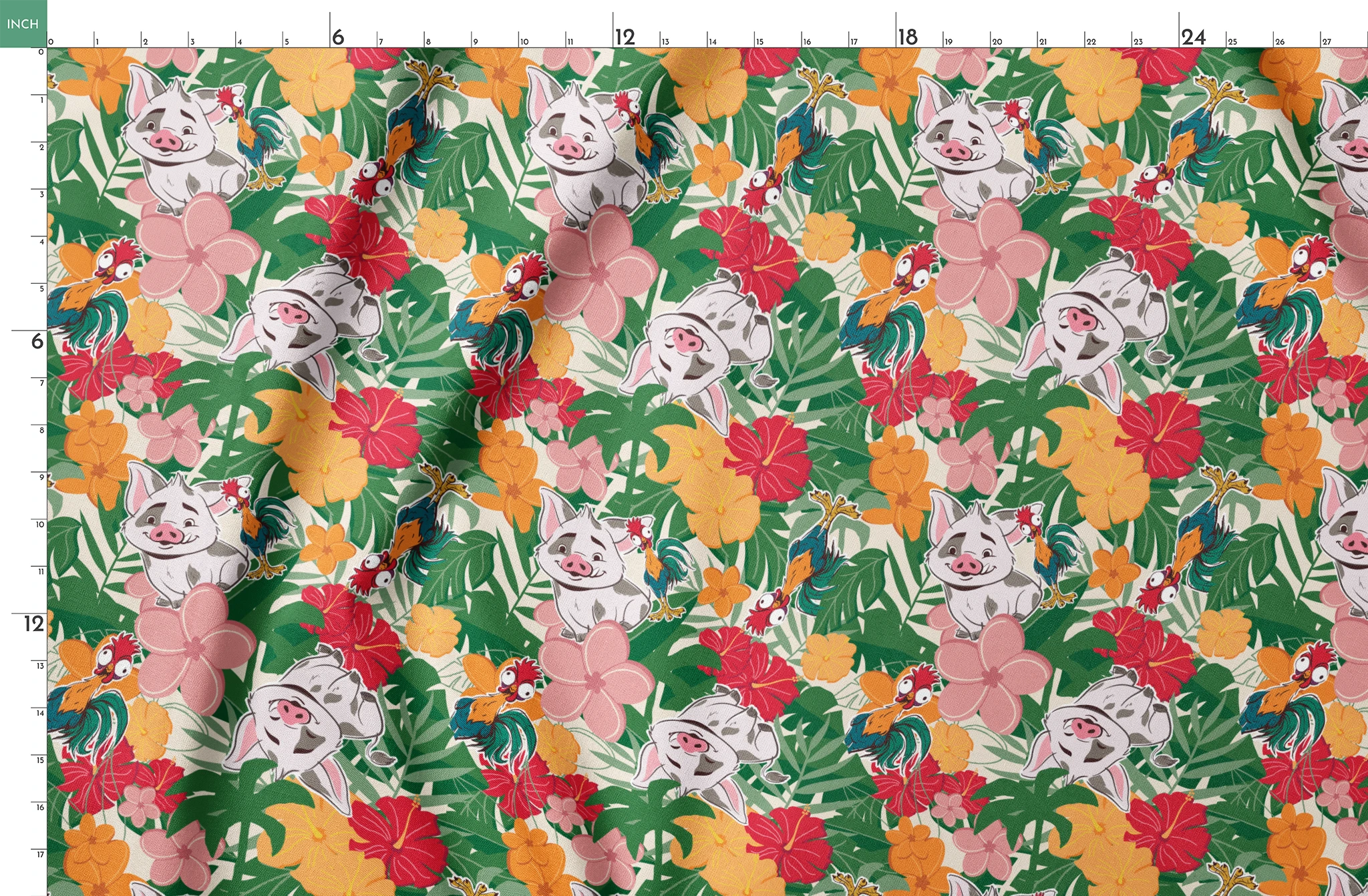 Cartoon pigs peeking through vibrant tropical flowers in red, orange, yellow, and pink among green foliage springs fatquarter mockup
