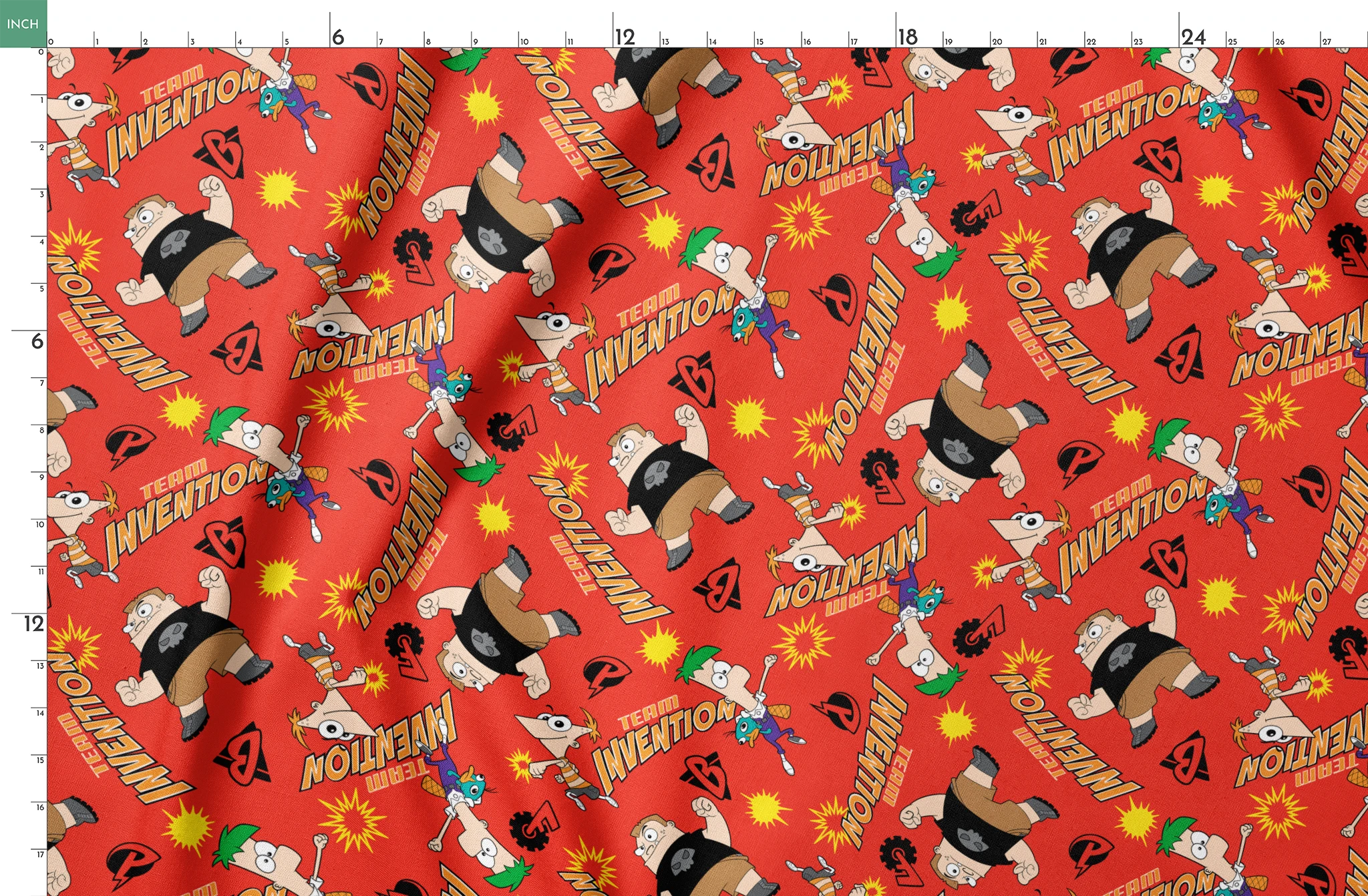 Red background pattern with Phineas and Ferb, text reading "Invention" and "McTheim", yellow starbursts, and comic-style design elements springs fatquarter mockup