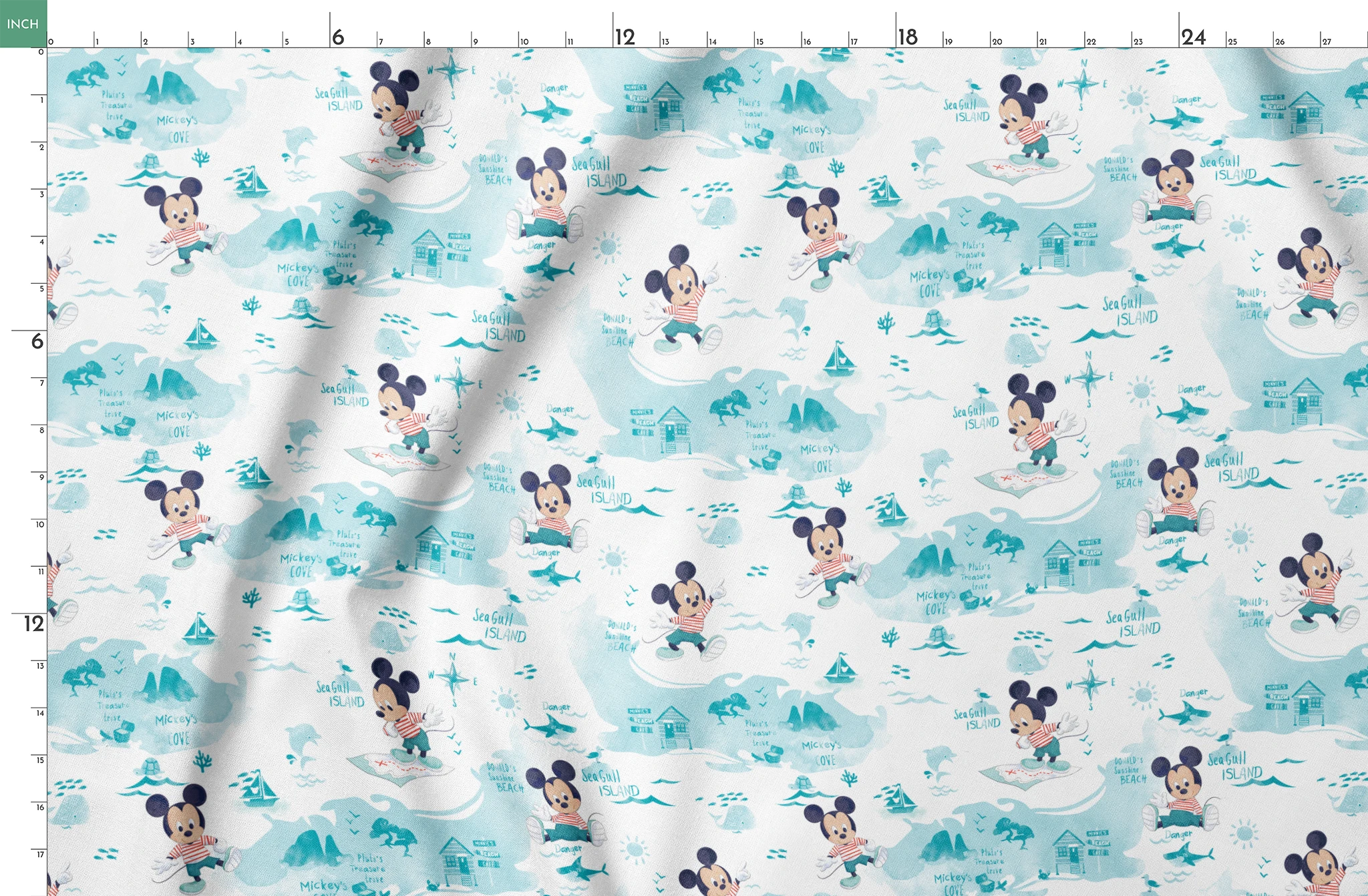 Cartoon Mickey Mouse pattern with turquoise ocean elements, sharks, waves, and "Safari" text springs fatquarter mockup