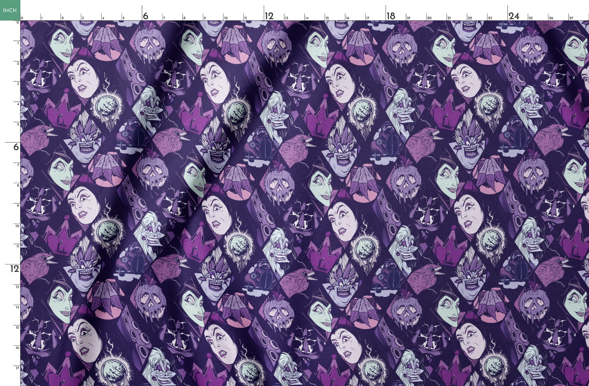 Stylized Disney villains in purple tones featuring evil queens, monsters, and creatures with sinister expressions. springs fatquarter mockup