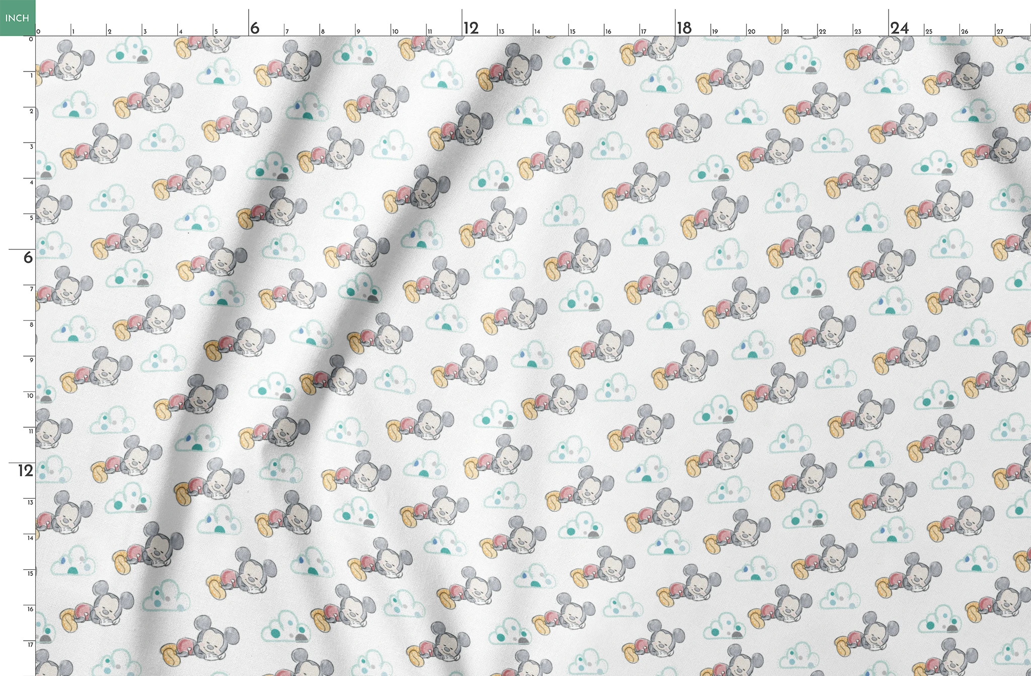 Cute cartoon mouse characters sleeping peacefully on white background with mint green clouds pattern springs fatquarter mockup