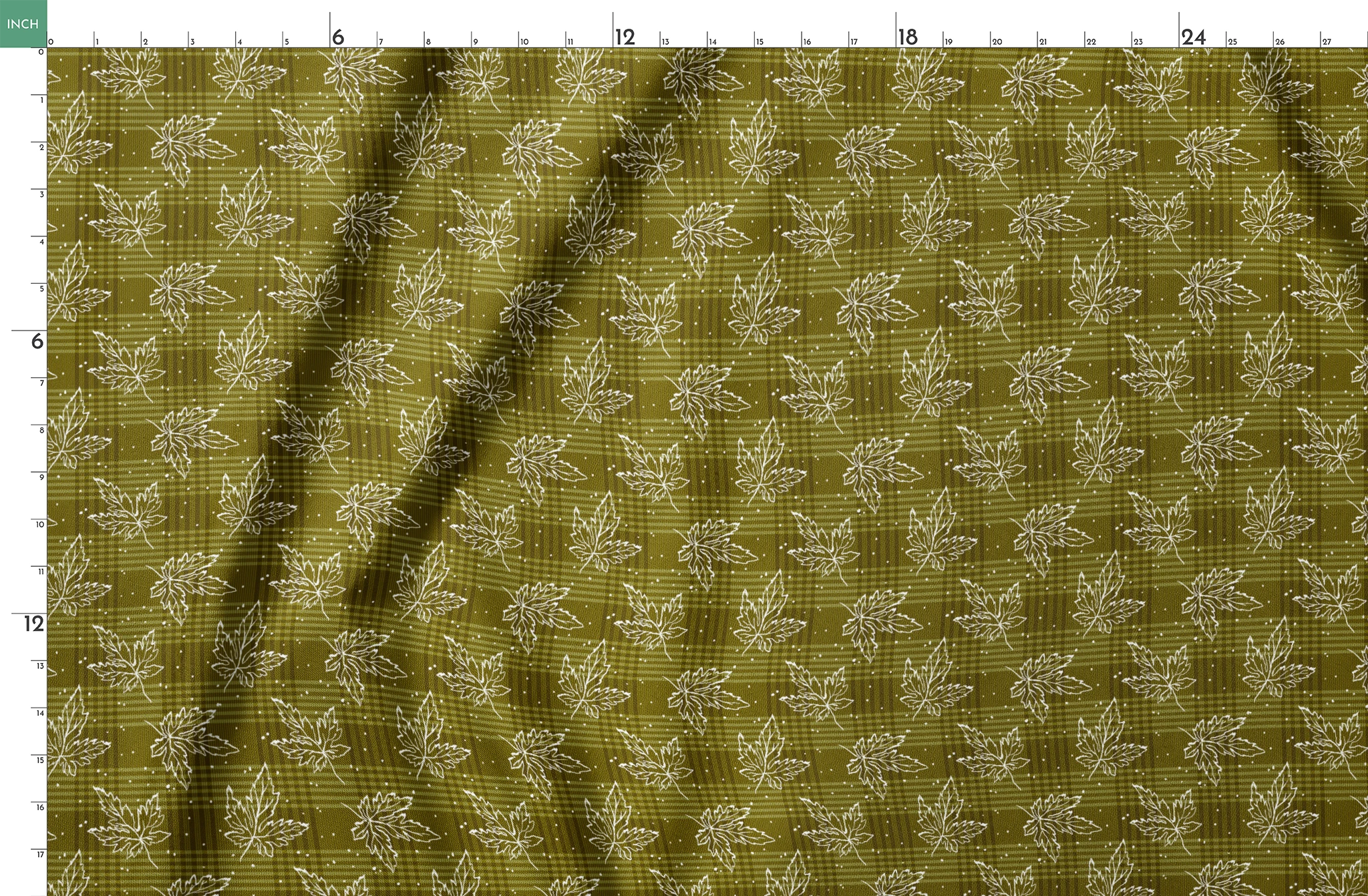 Olive green plaid pattern with scattered white outline maple leaves and small dots springs fatquarter mockup