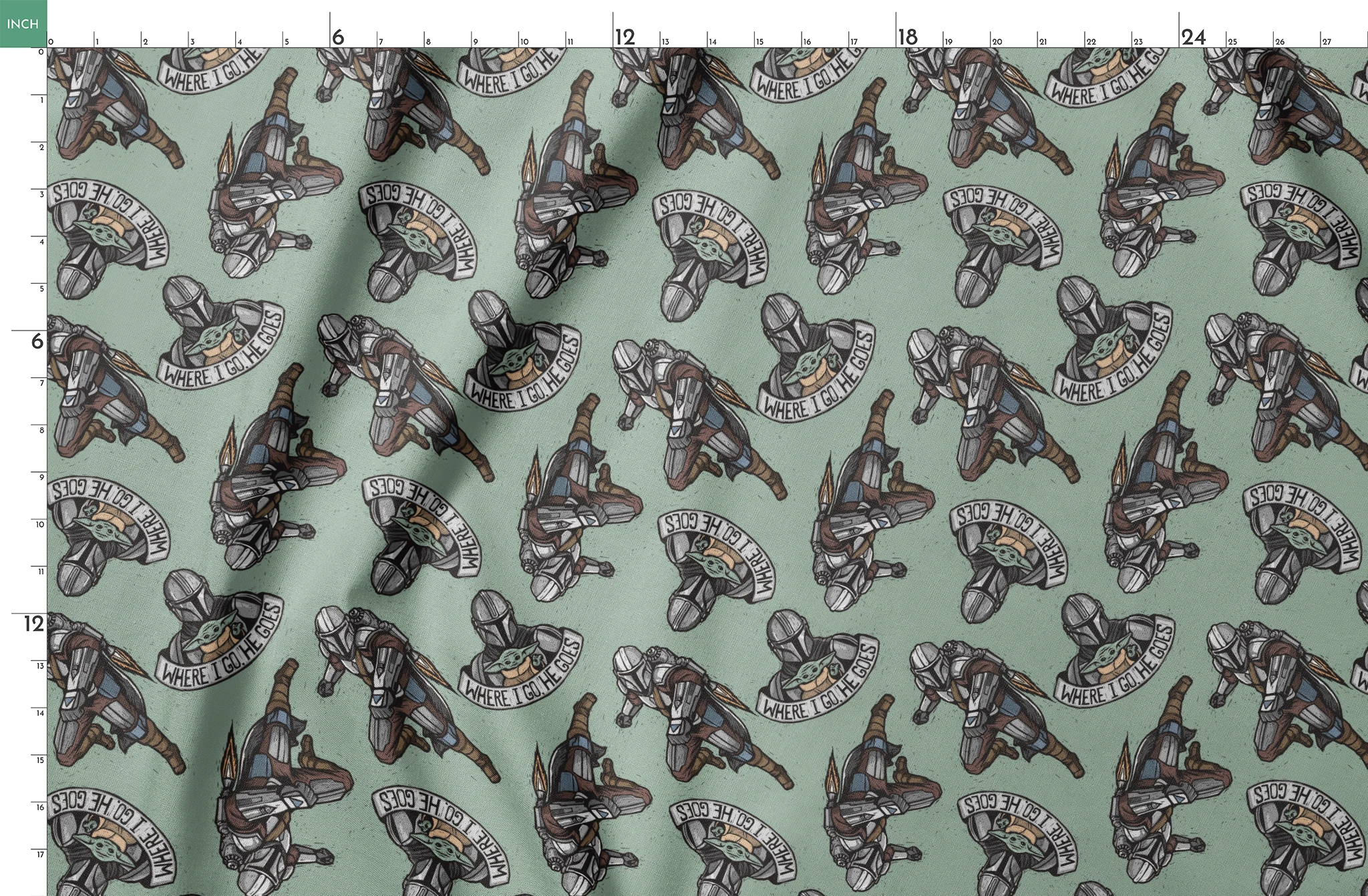 Star Wars-themed pattern featuring Mandalorian helmets with "Where I go, the child goes" banners on mint green background. springs fatquarter mockup