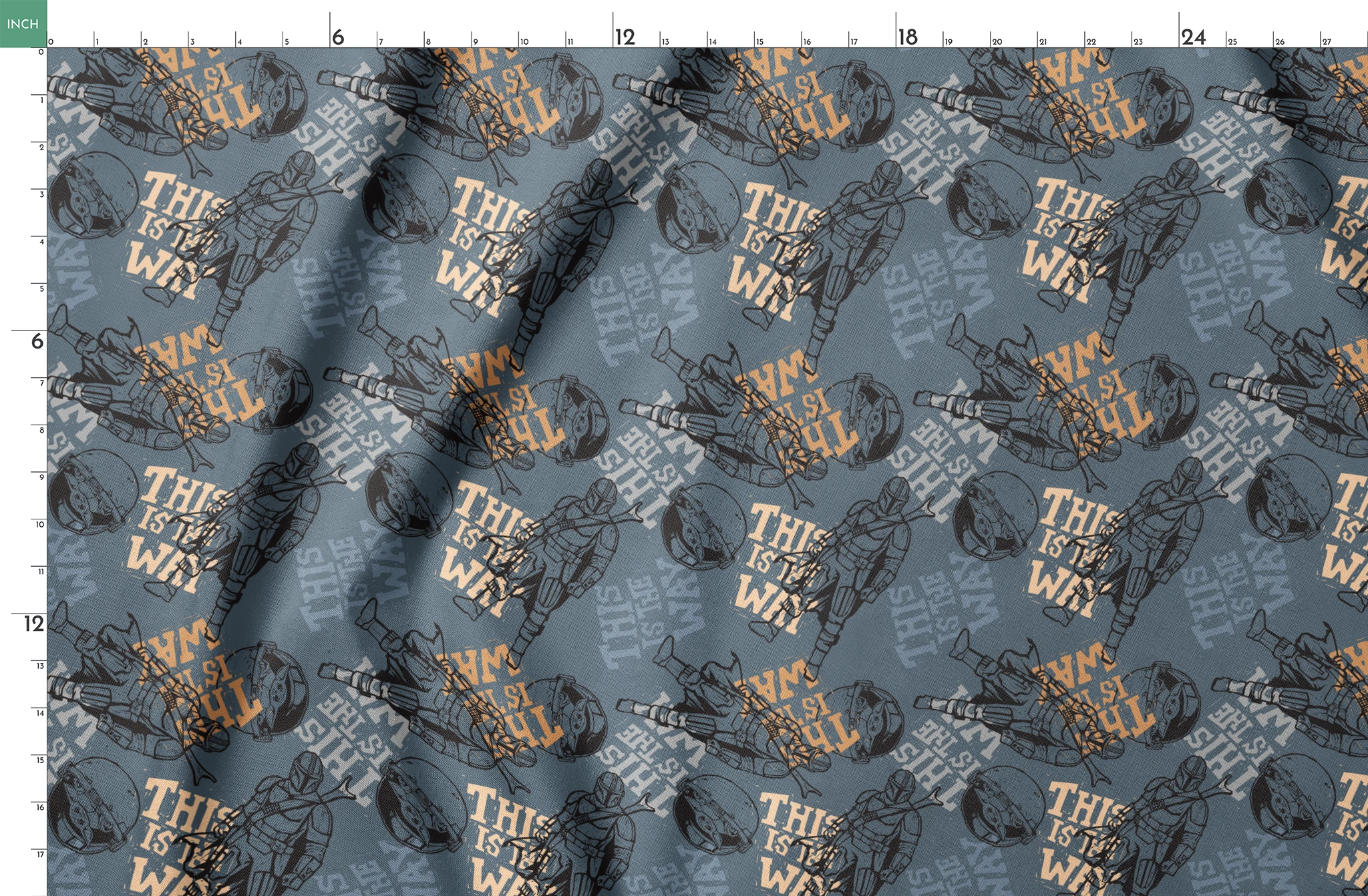 Dark grey illustration with Star Wars characters and yellow text reading "THIS IS THE WAY" in distressed style springs fatquarter mockup