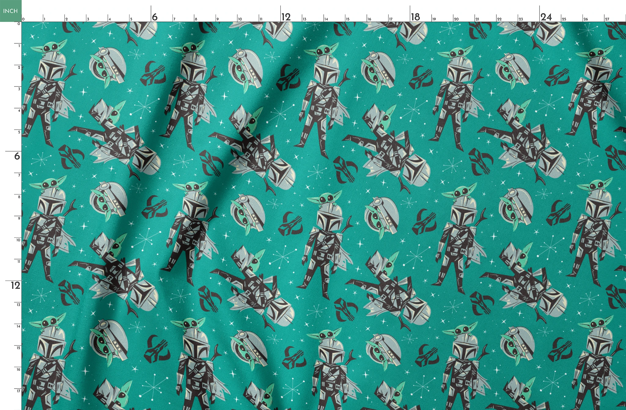 Cartoon-style Star Wars pattern with Baby Yoda and Mandalorian figures on teal background with stars springs fatquarter mockup