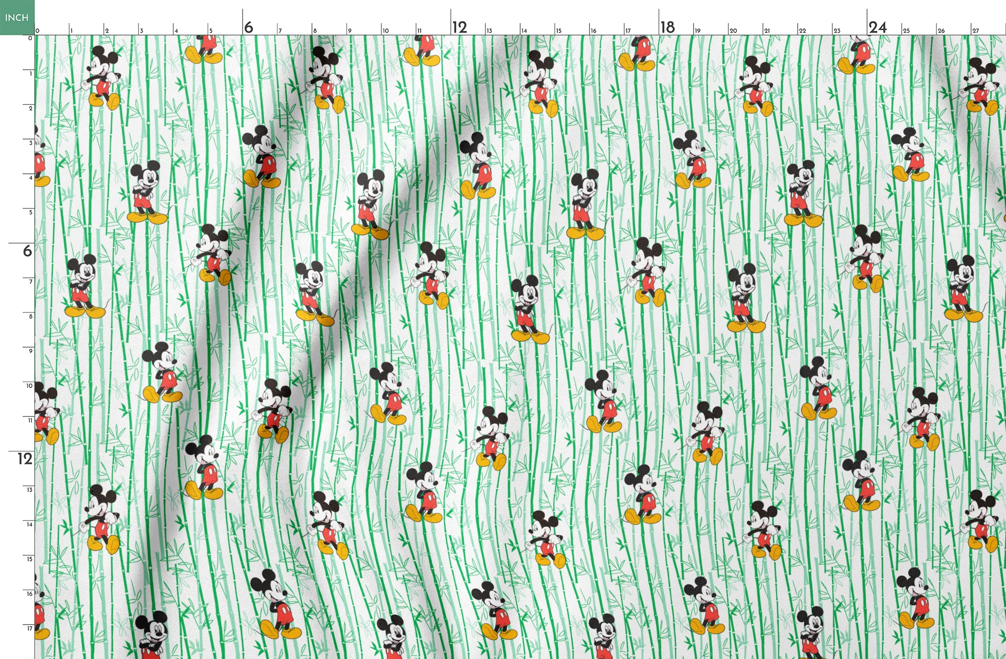Cartoon mouse character pattern on white background with green vertical stripes springs fatquarter mockup