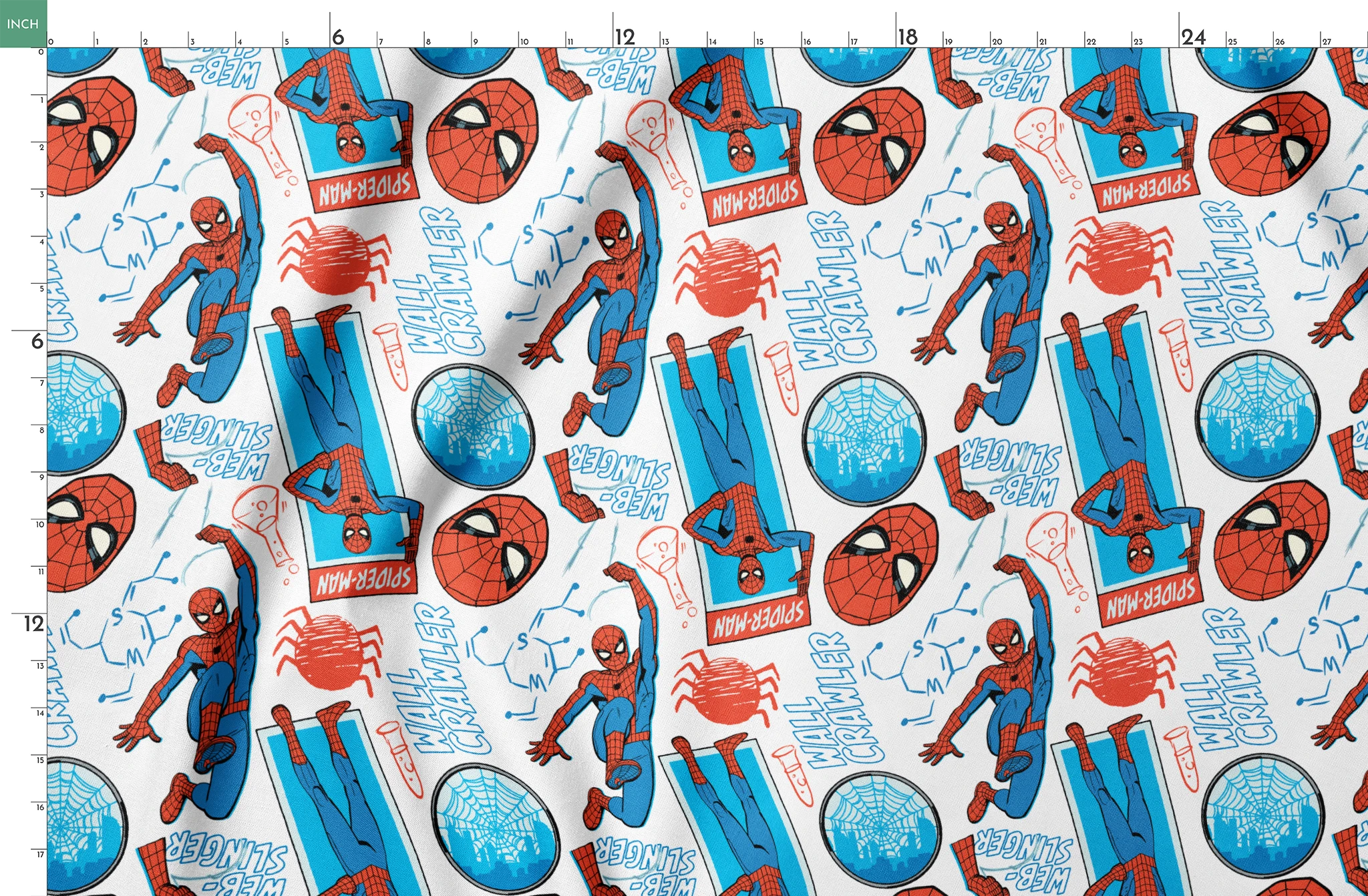 Comic-style Spider-Man pattern with red and blue figures in various poses, spider symbols, and text on white background springs fatquarter mockup