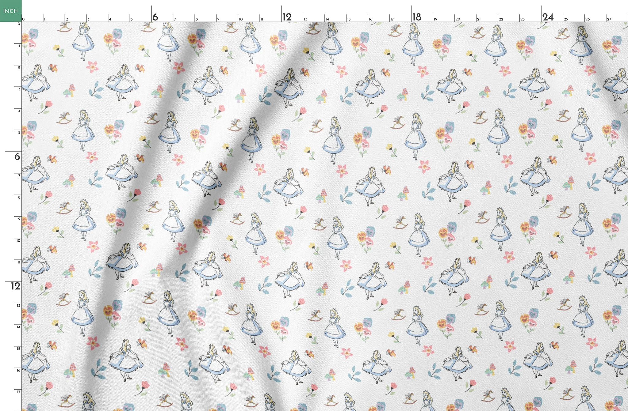 Whimsical pattern featuring character in blue dress with flowers, mushrooms, and rocking horse springs fatquarter mockup