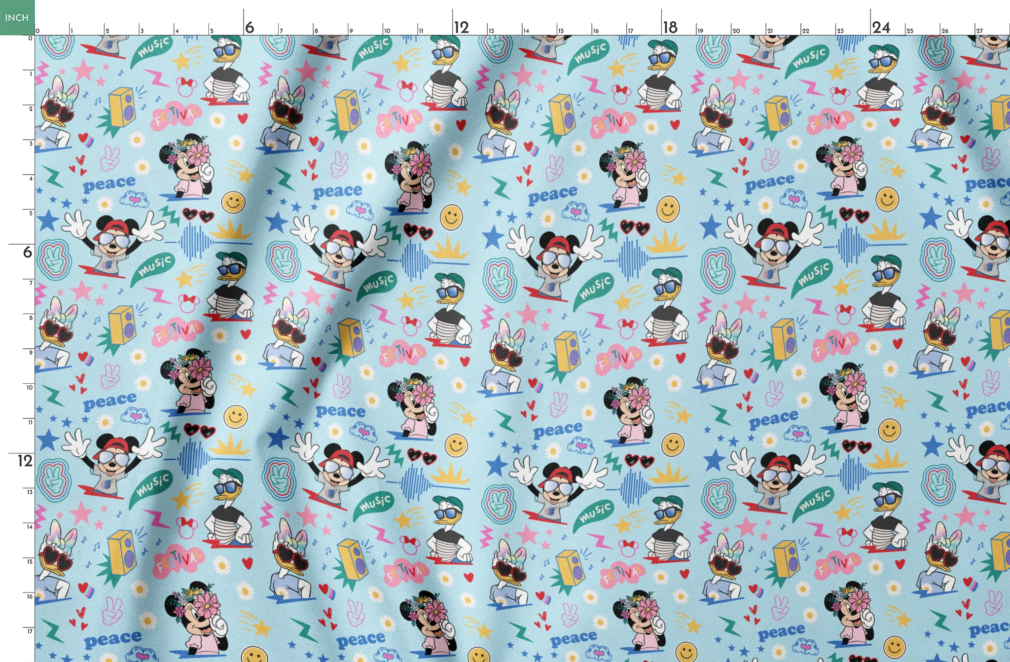 Colorful cartoon pattern with Disney characters, peace signs, stars, and music motifs on light blue background. springs fatquarter mockup