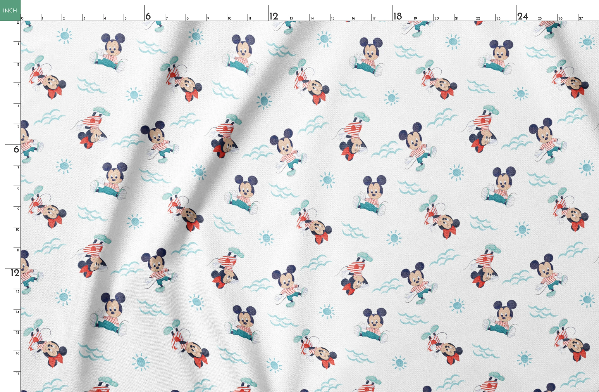 Mickey Mouse pattern with characters in various poses, blue waves and suns on white background, nautical theme springs fatquarter mockup