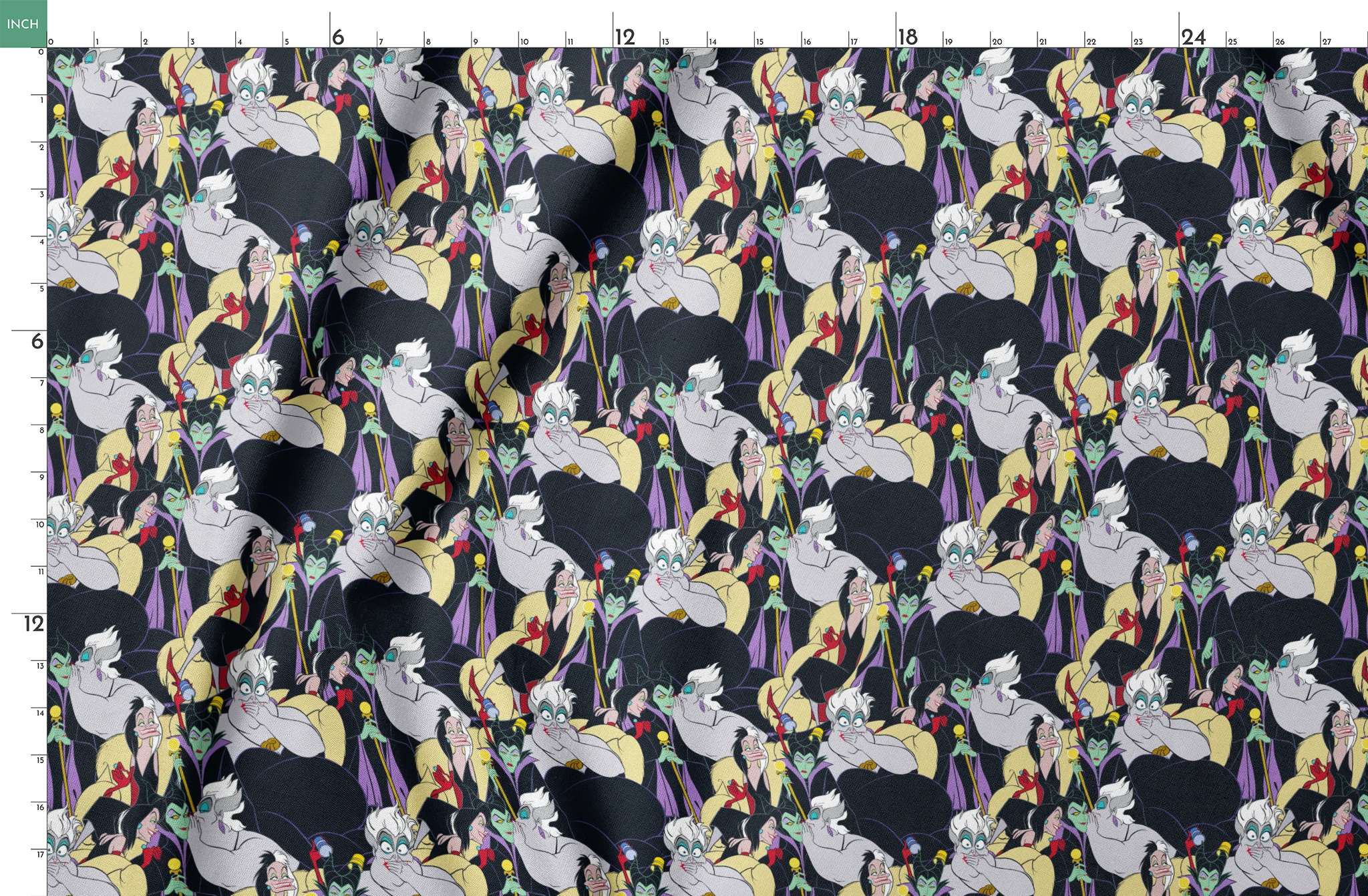 Colorful pattern of Disney villains including Ursula, Maleficent, and Cruella de Vil on dark background springs fatquarter mockup