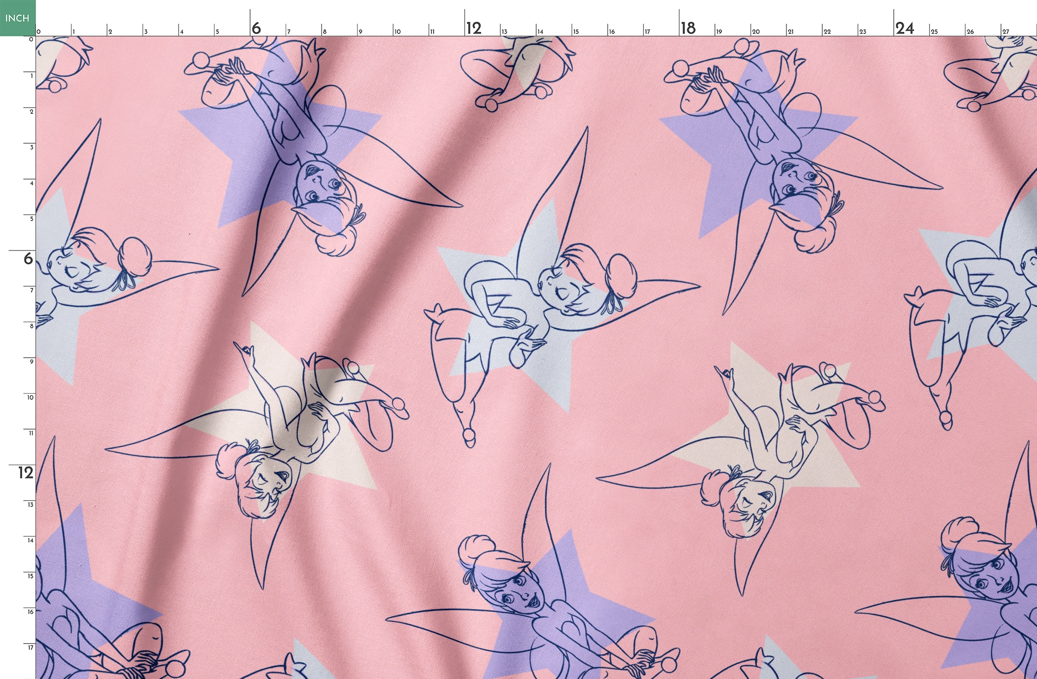 Whimsical Tinker Bells in outlined blue and white style on a soft pink background springs fatquarter mockup