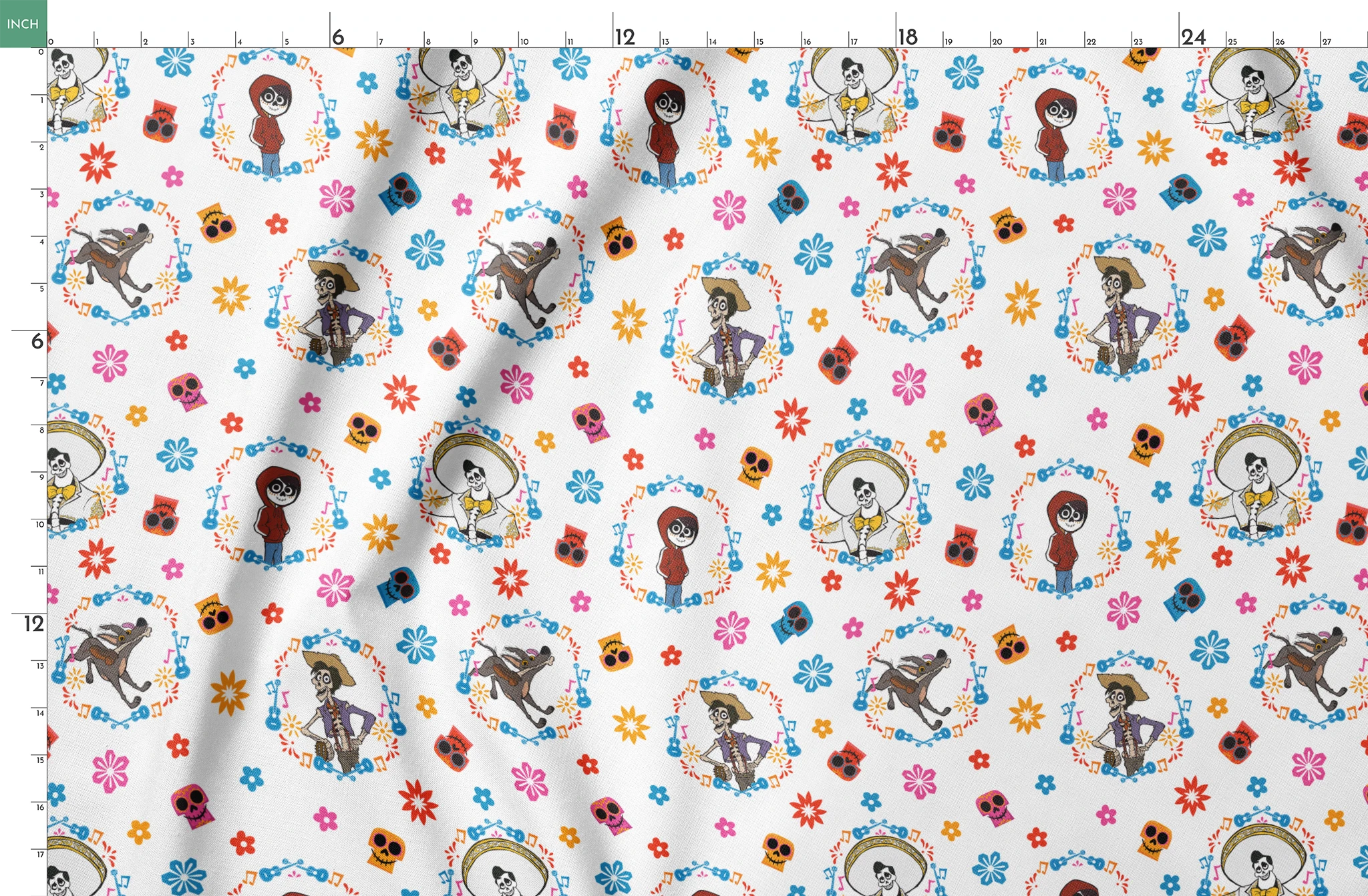 Colorful Coco pattern with Day of the Dead skeleton characters in floral wreaths, sugar skulls, and bright flowers on white background springs fatquarter mockup