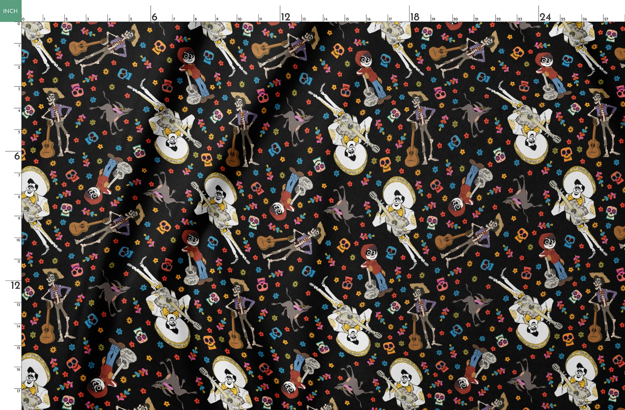 Colorful Coco Day of the Dead pattern with skeleton figures playing instruments, skulls, and flowers on black background springs fatquarter mockup