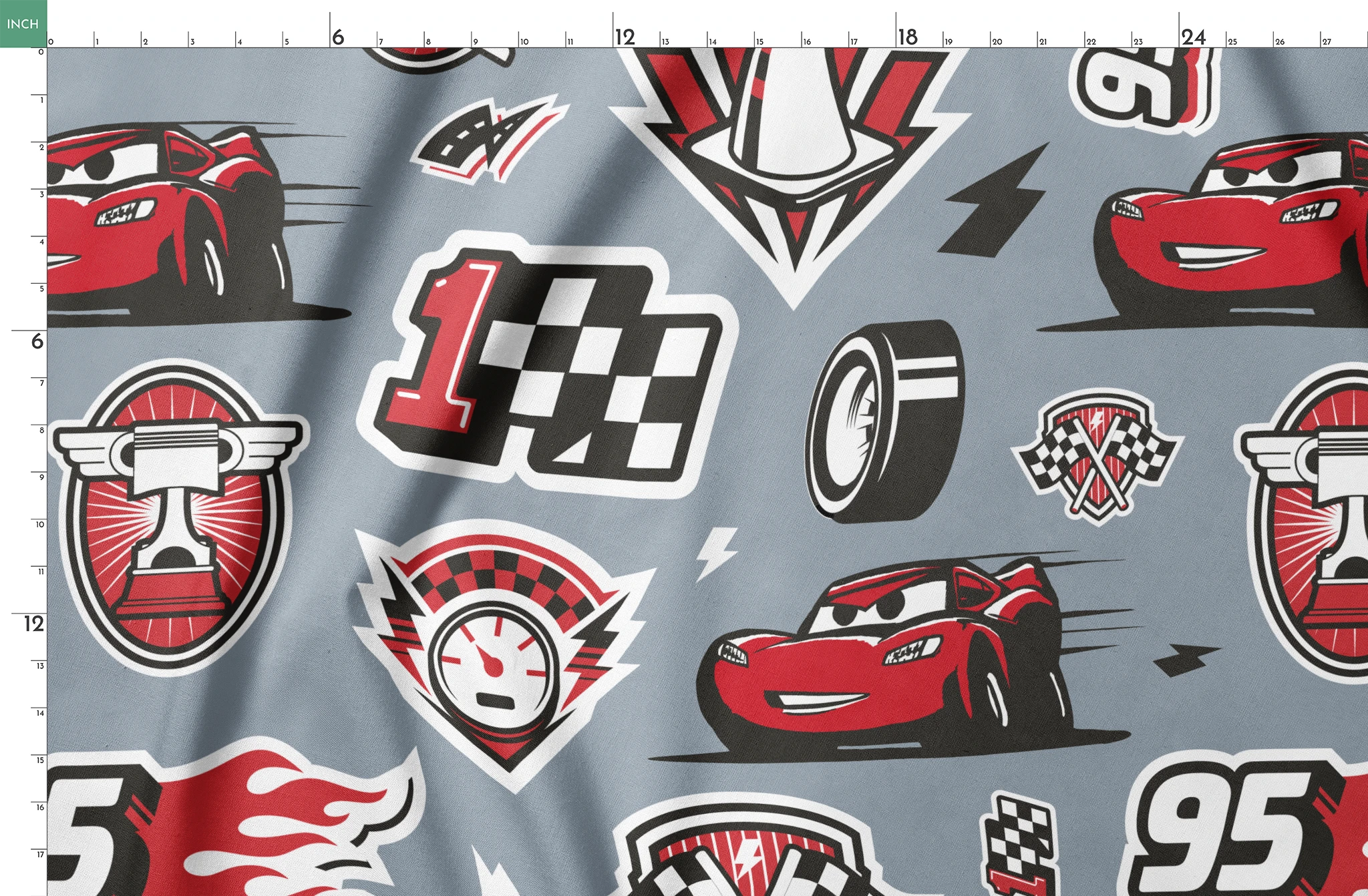 Racing pattern with red cars, checkered flags, speedometers, and racing emblems on gray background springs fatquarter mockup